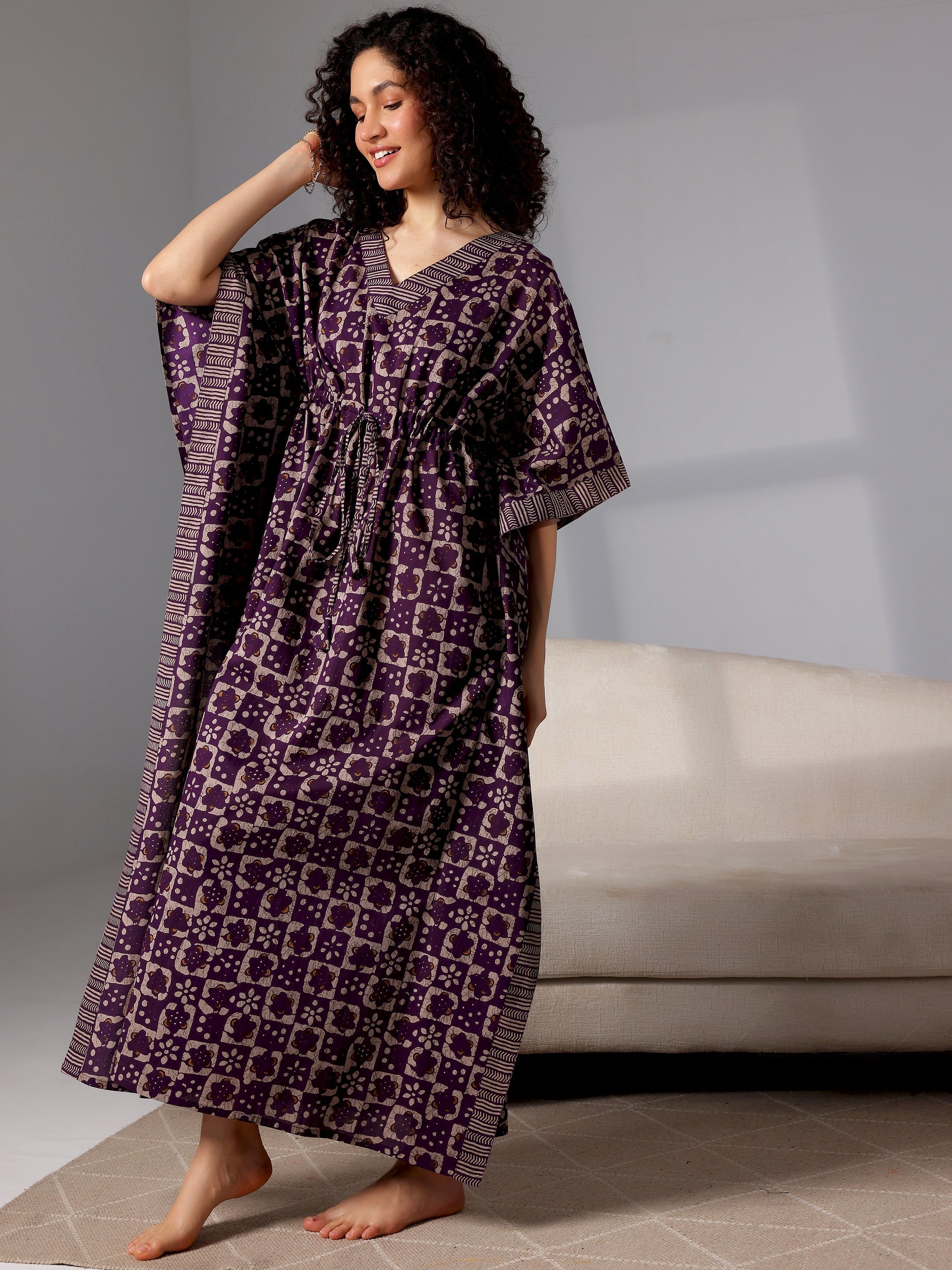 Purple Printed Cotton Kaftan Night Dress