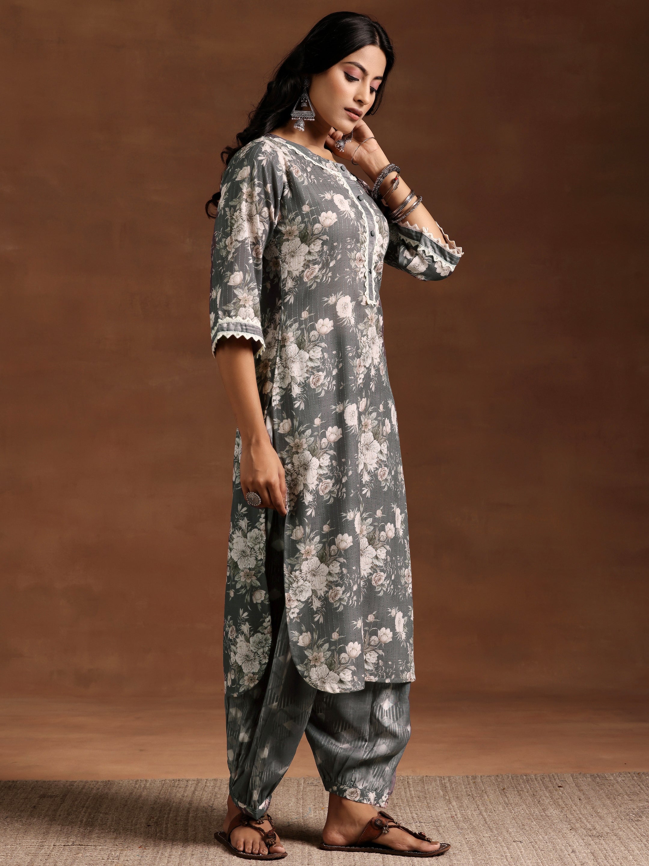 Grey Printed Cotton Straight Suit With Dupatta