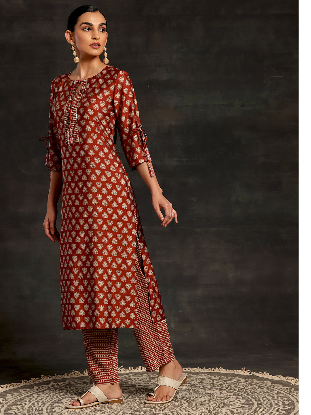 Rust Printed Silk Blend Straight Kurta Set