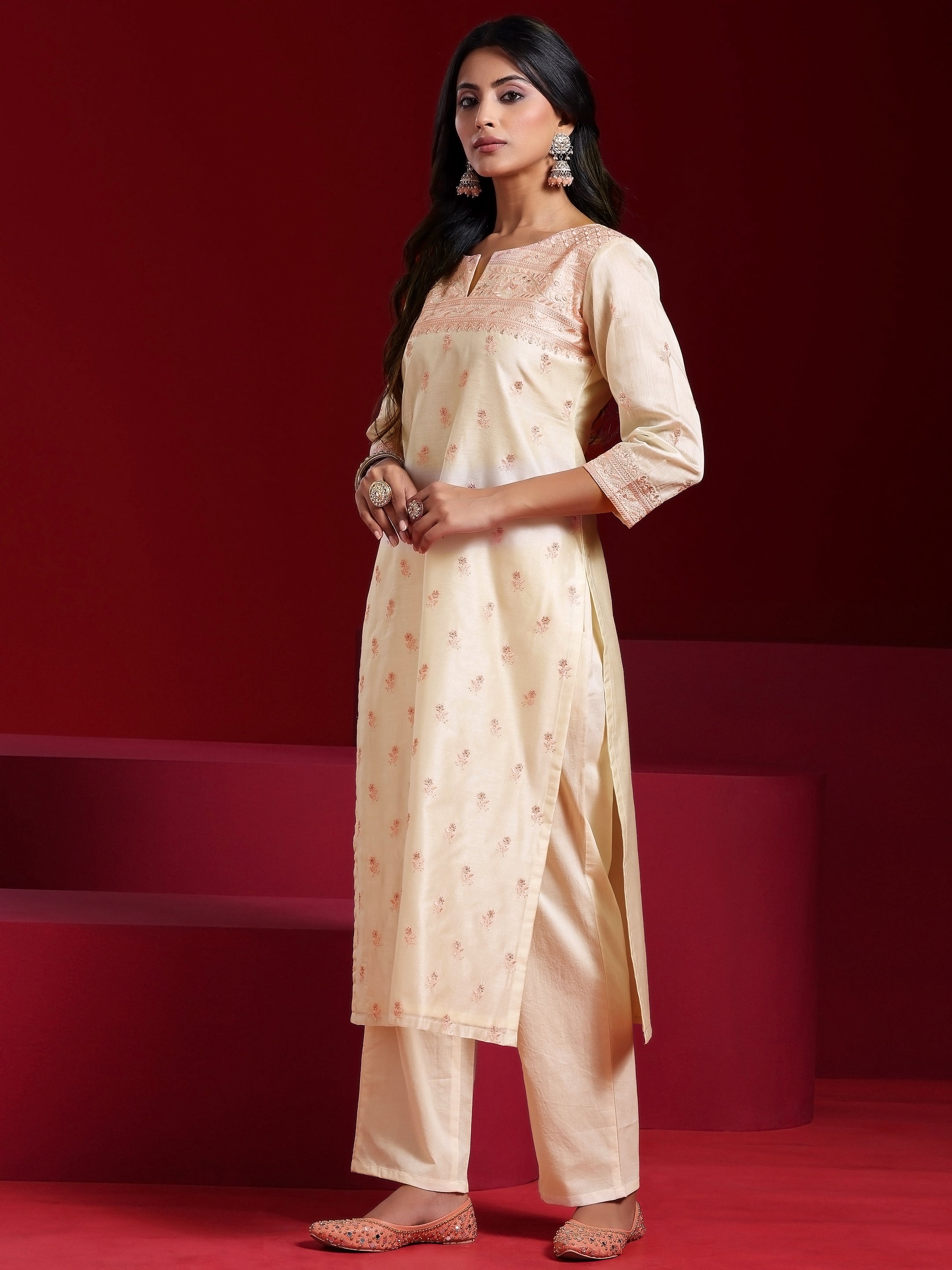 Libas Art Off White Embroidered Chanderi Silk Straight Suit With Dupatta