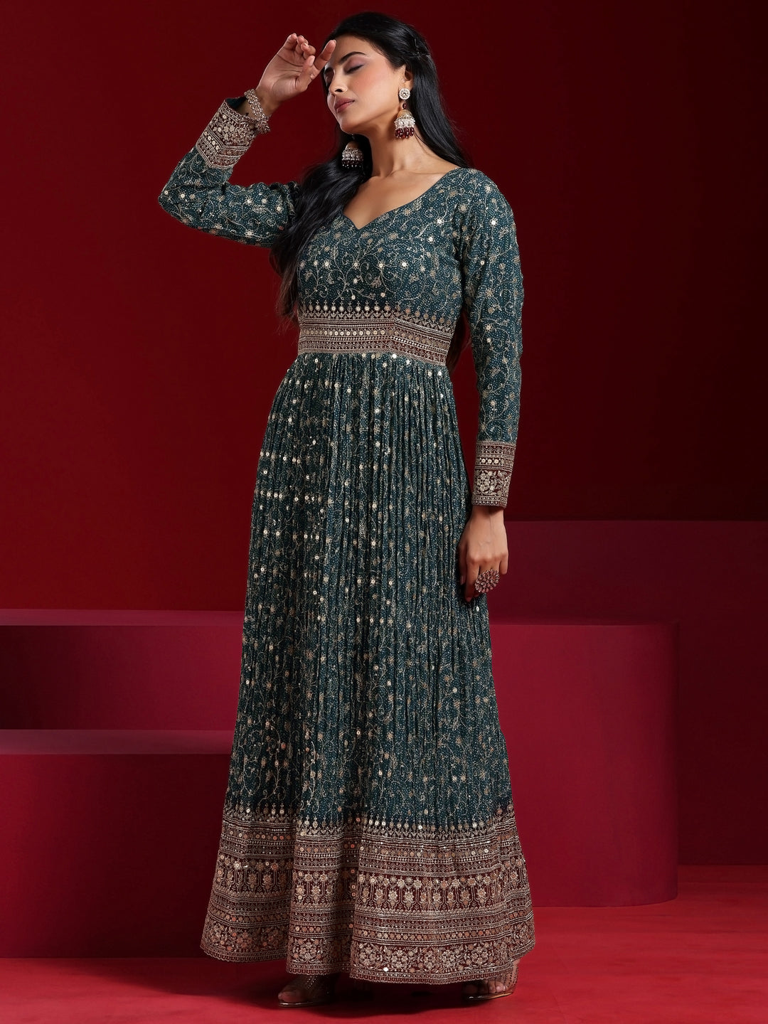 Teal Blue Printed Georgette A-Line Kurta With Trousers & Dupatta