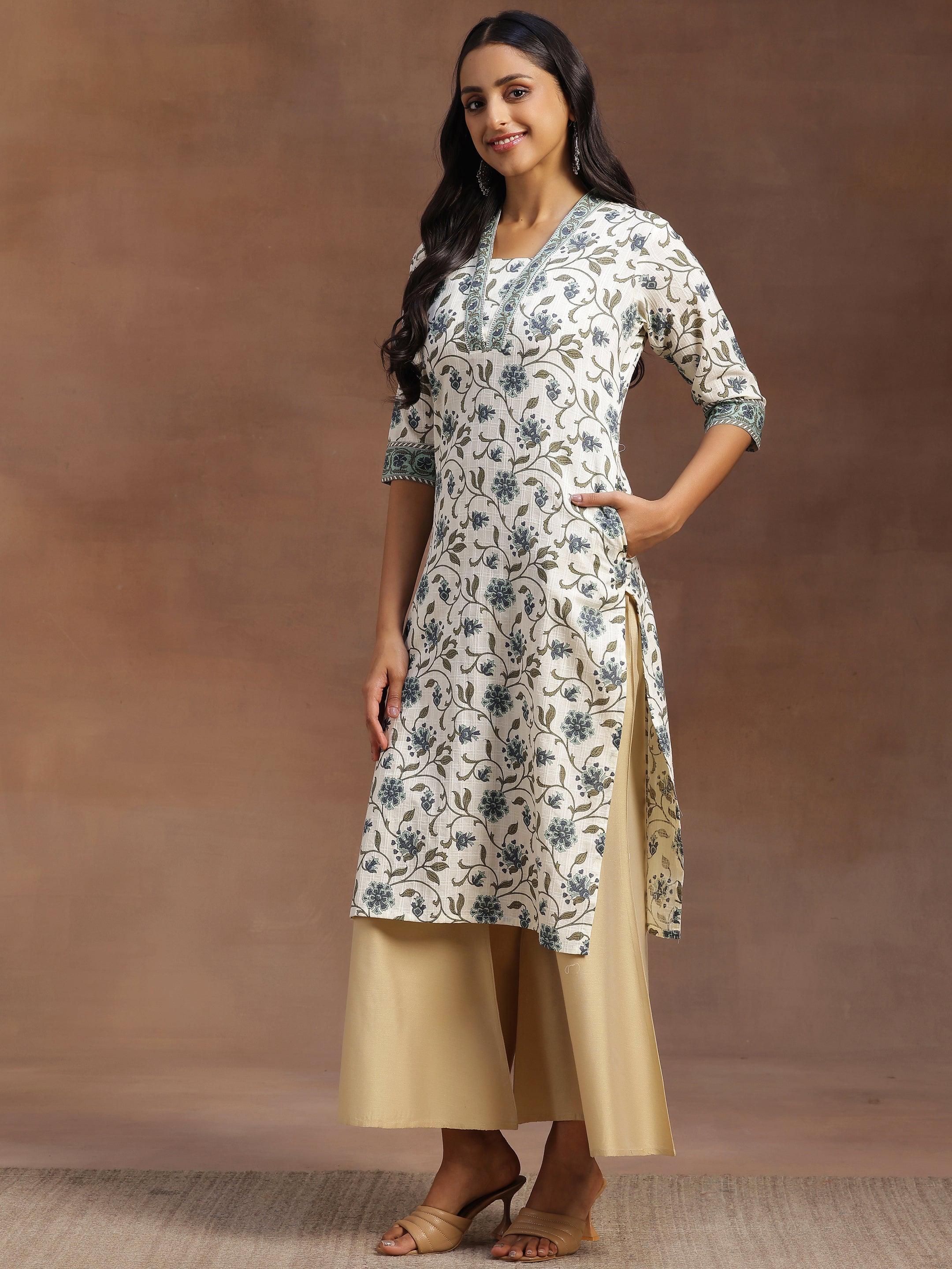 Off White Printed Cotton Straight Kurta