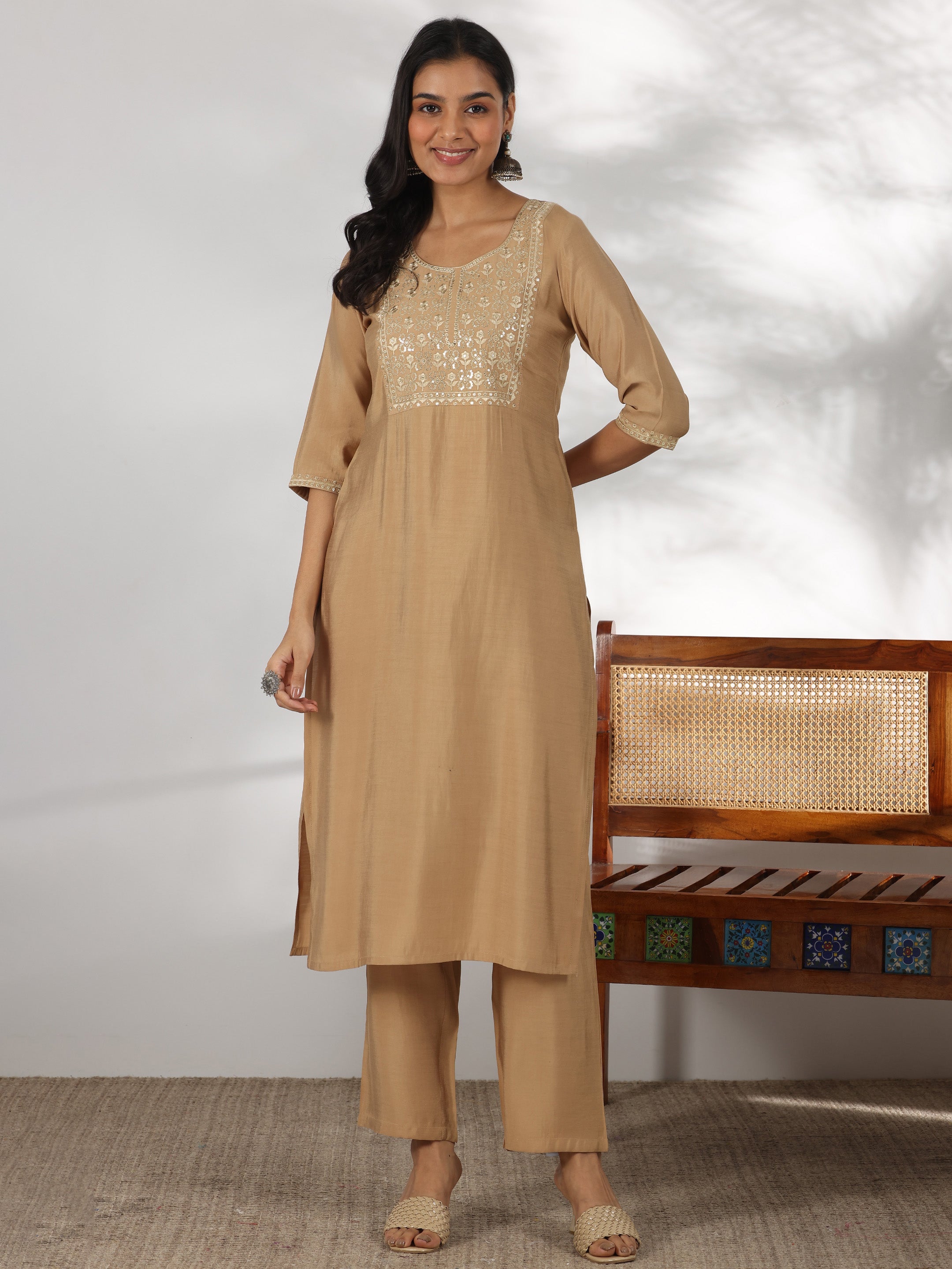 Beige Yoke Design Silk Blend Straight Kurta Set