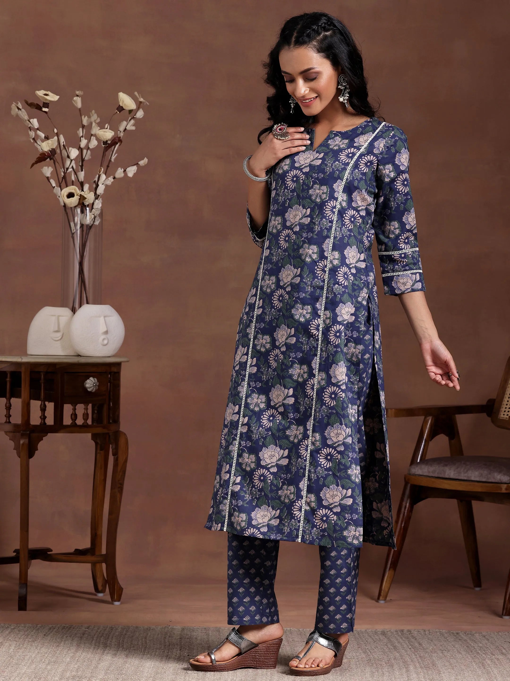 Blue Printed Cotton Straight Kurta Set