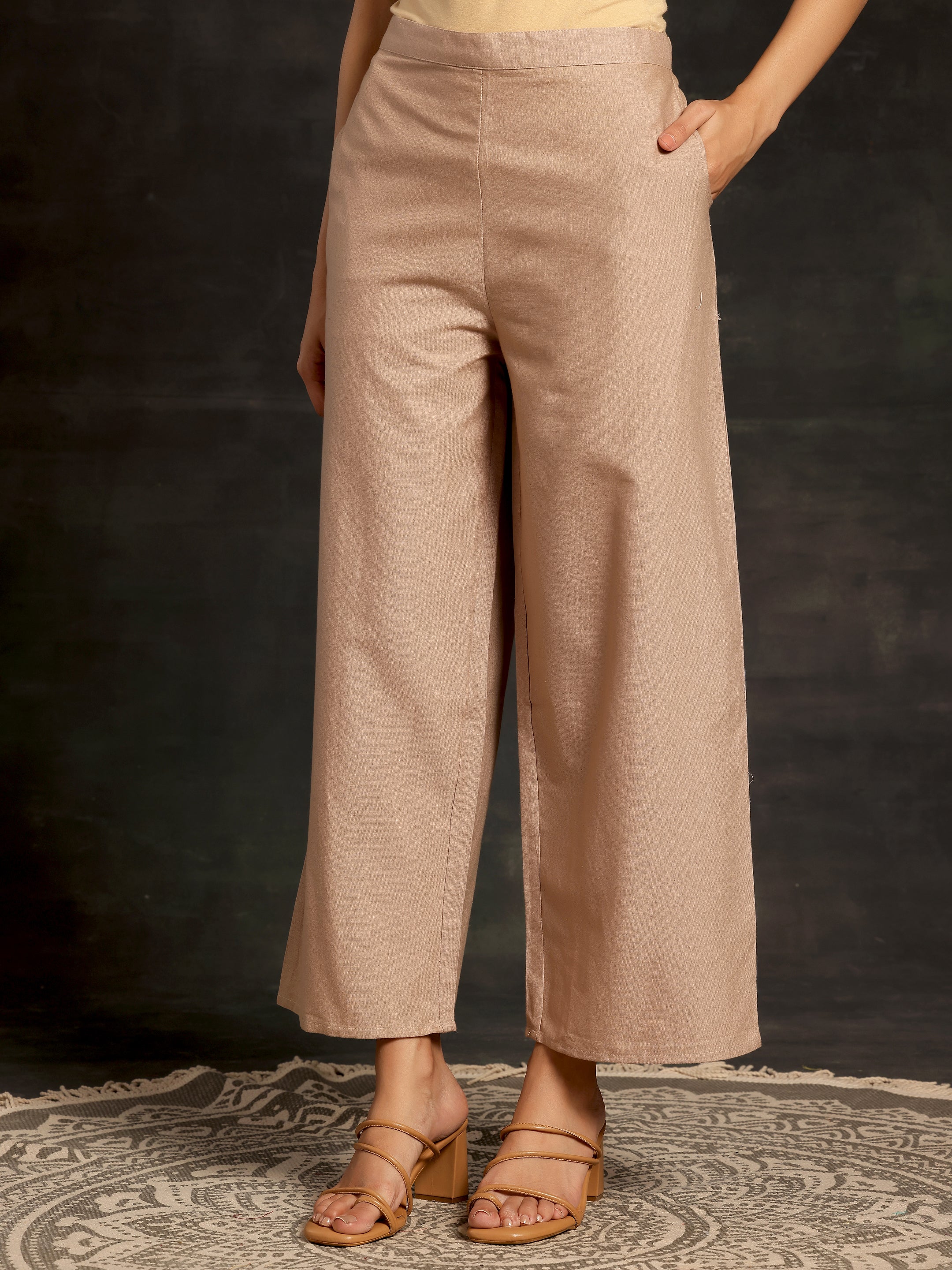 Beige Solid Cotton Wide Leg Palazzos