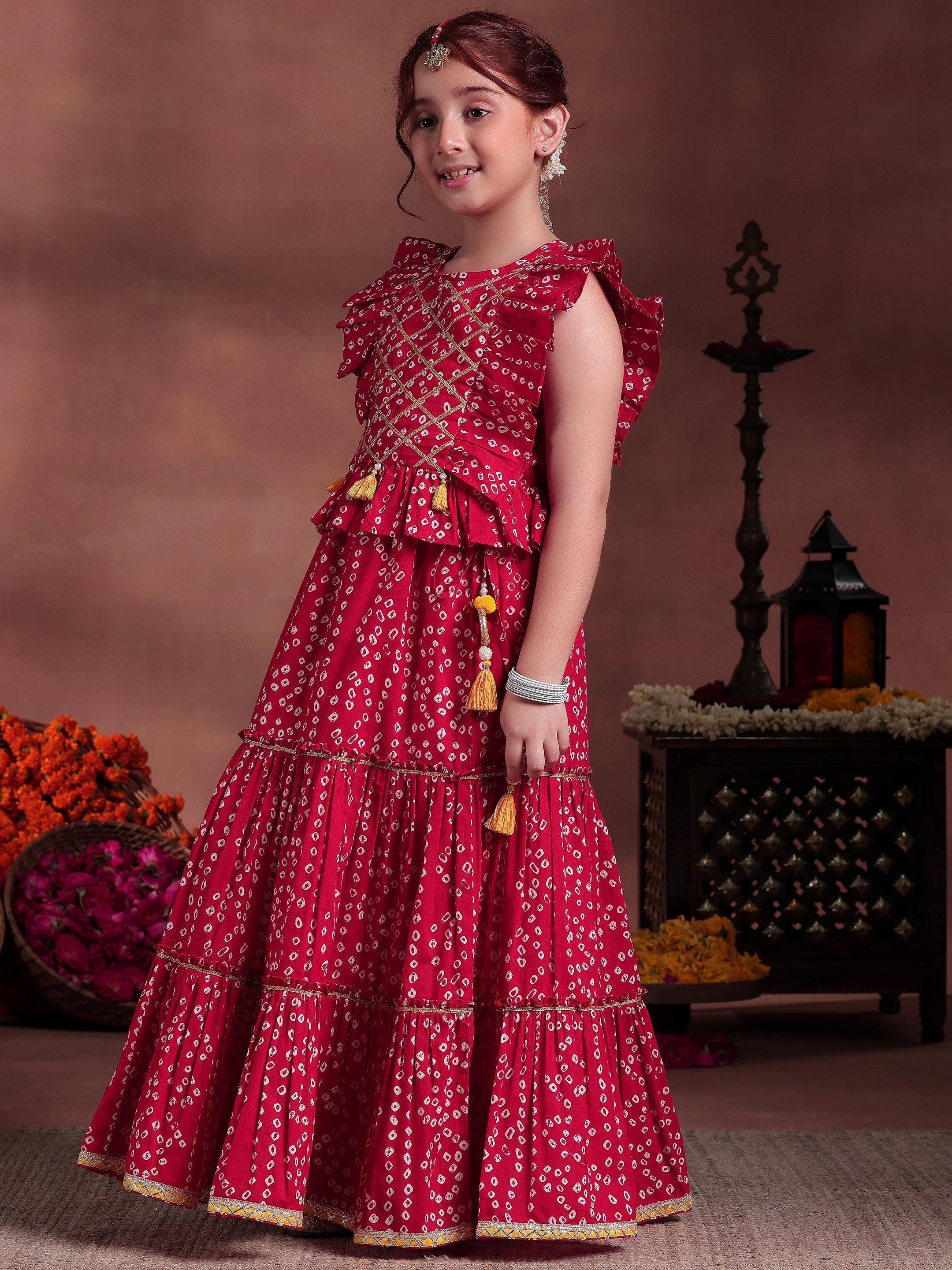 Kids Red Printed Cotton Ready to Wear Lehenga Choli