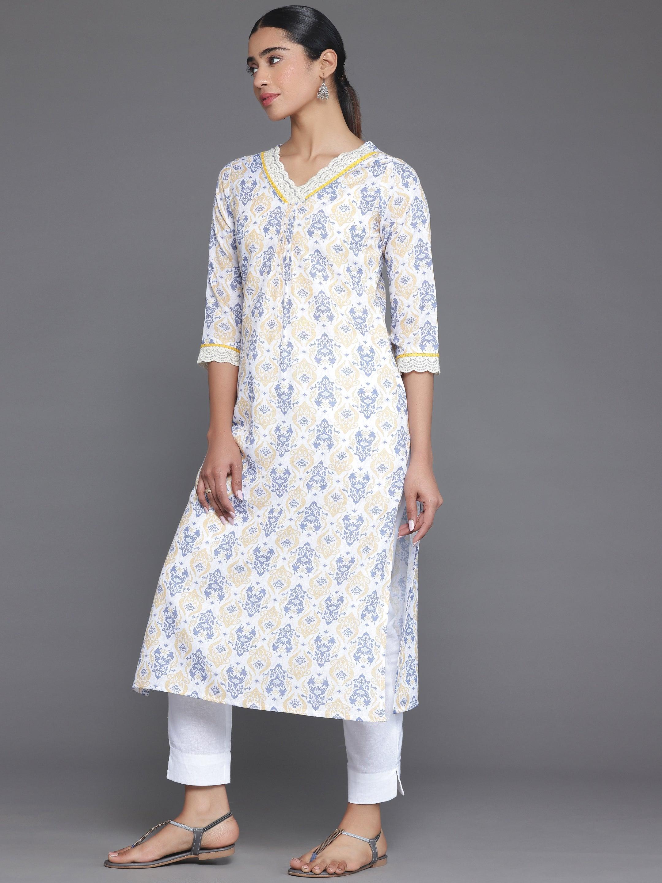 Off White Printed Cotton Straight Kurta