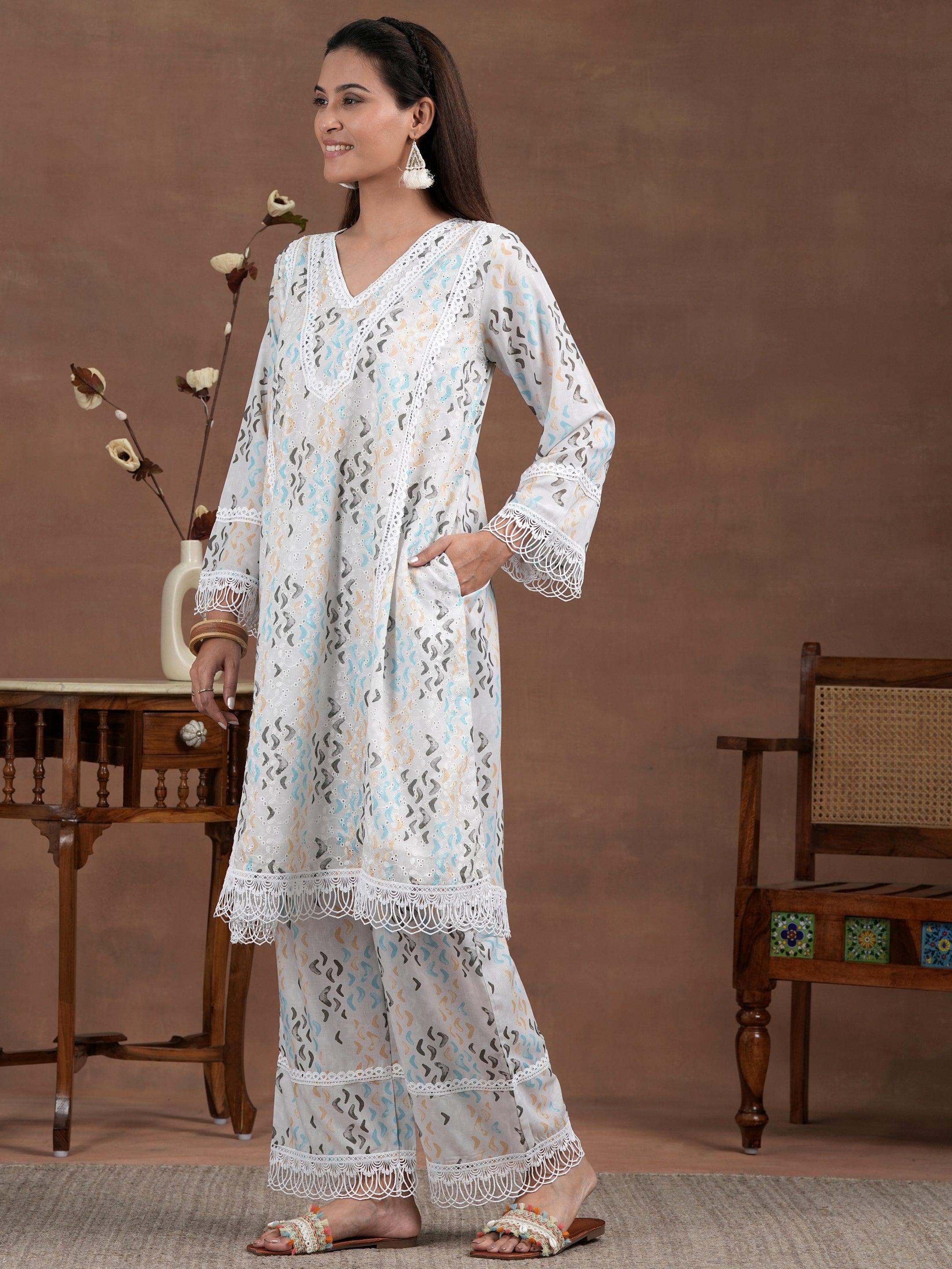 Off white Printed Cotton A-Line Kurta With Palazzos