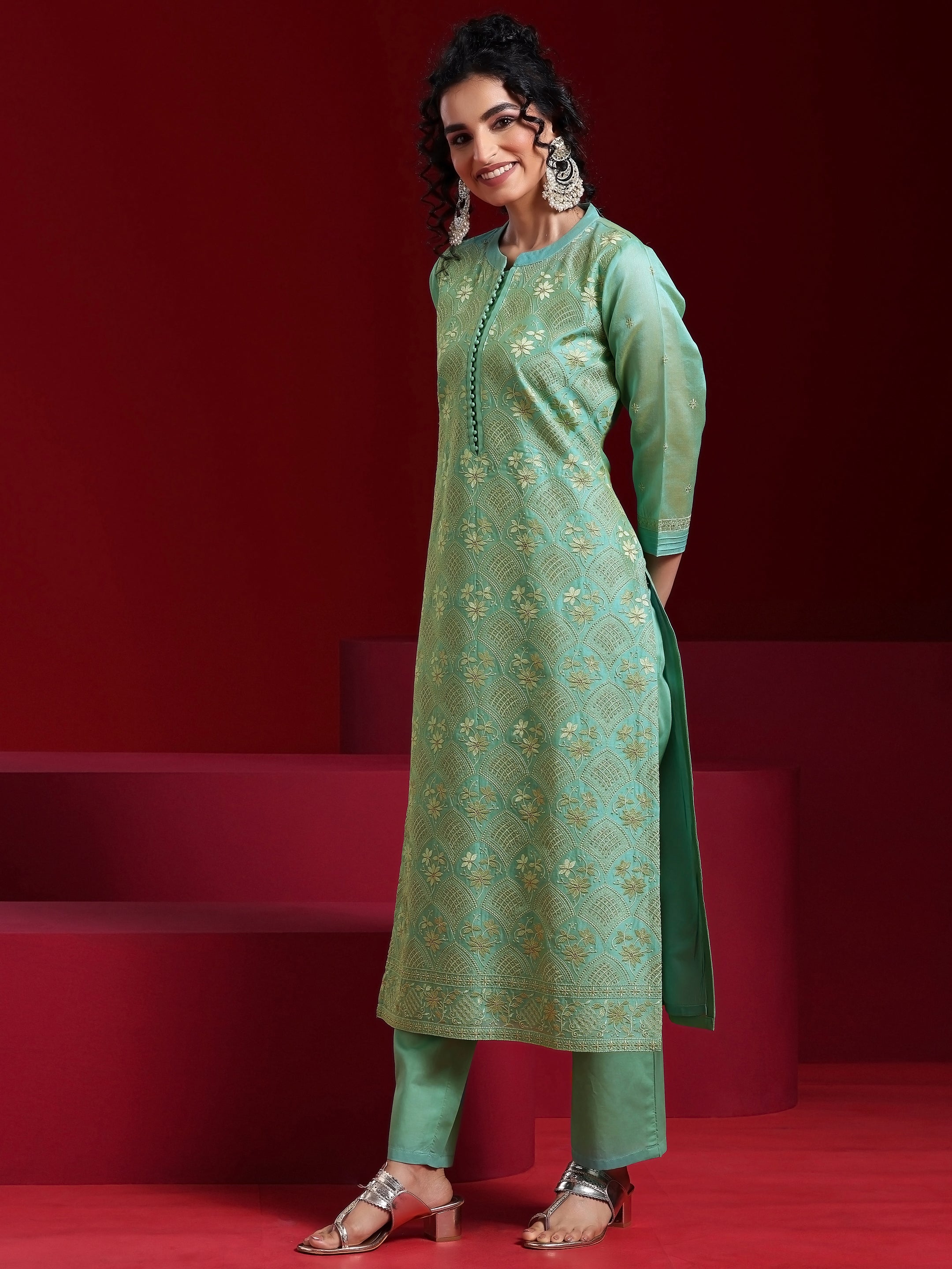 Libas Art Green Embroidered Chanderi Silk Straight Suit With Dupatta