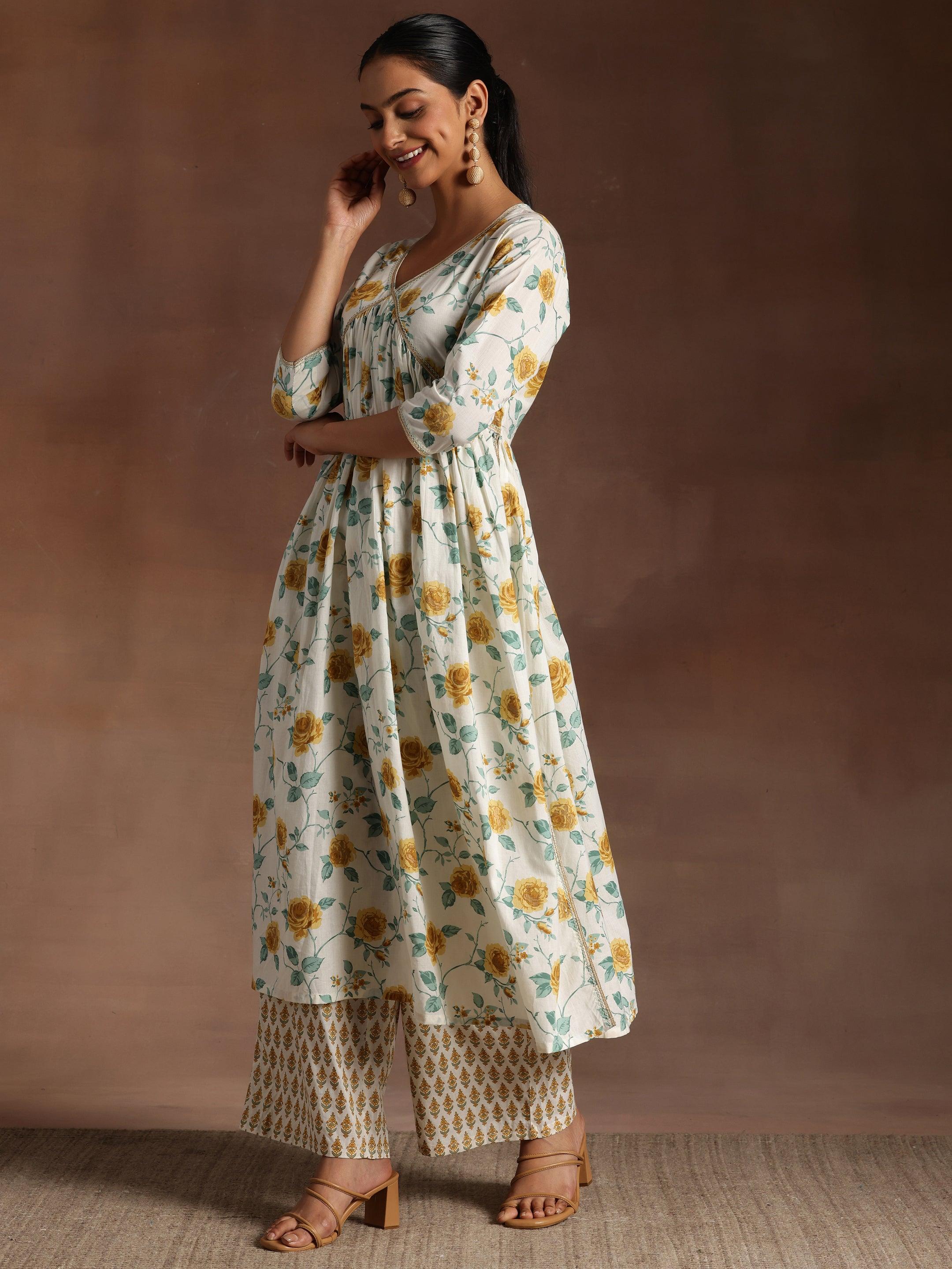 Gulkand Off white Printed Cotton A-Line Kurta With Palazzos