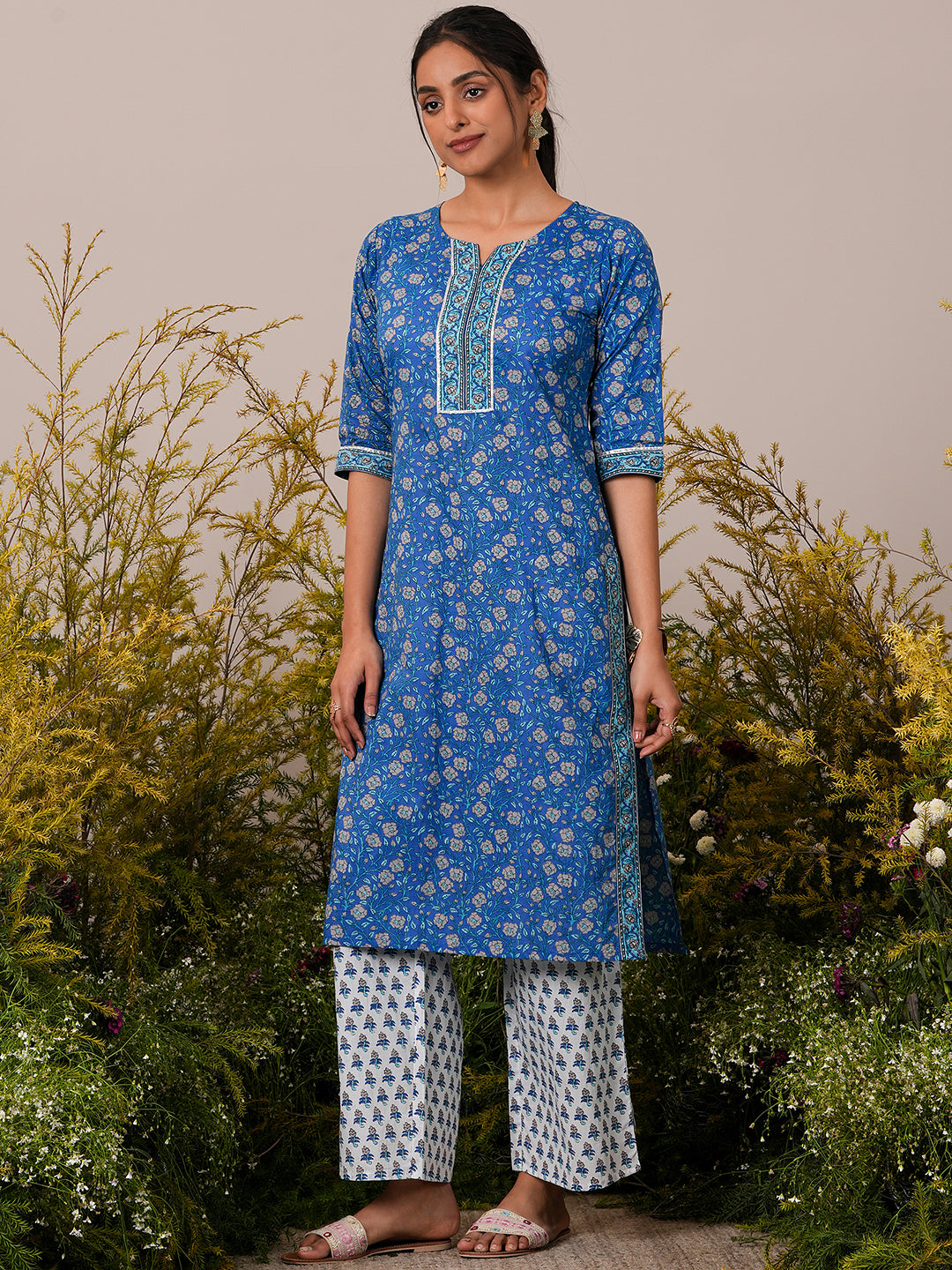 Blue Printed Cotton Straight Suit With Dupatta