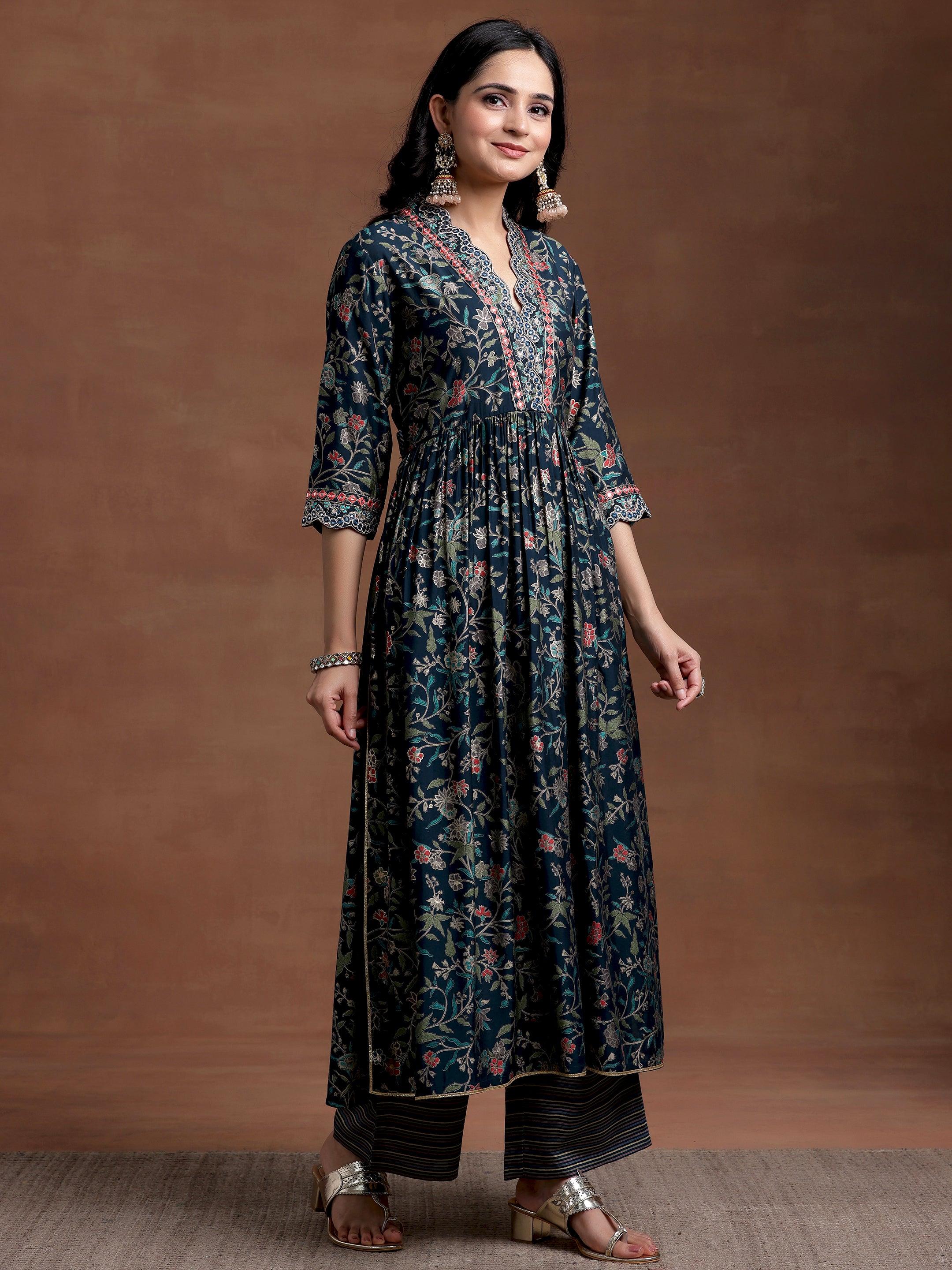 Blue Printed Silk Blend A-Line Kurta With Palazzos & Dupatta