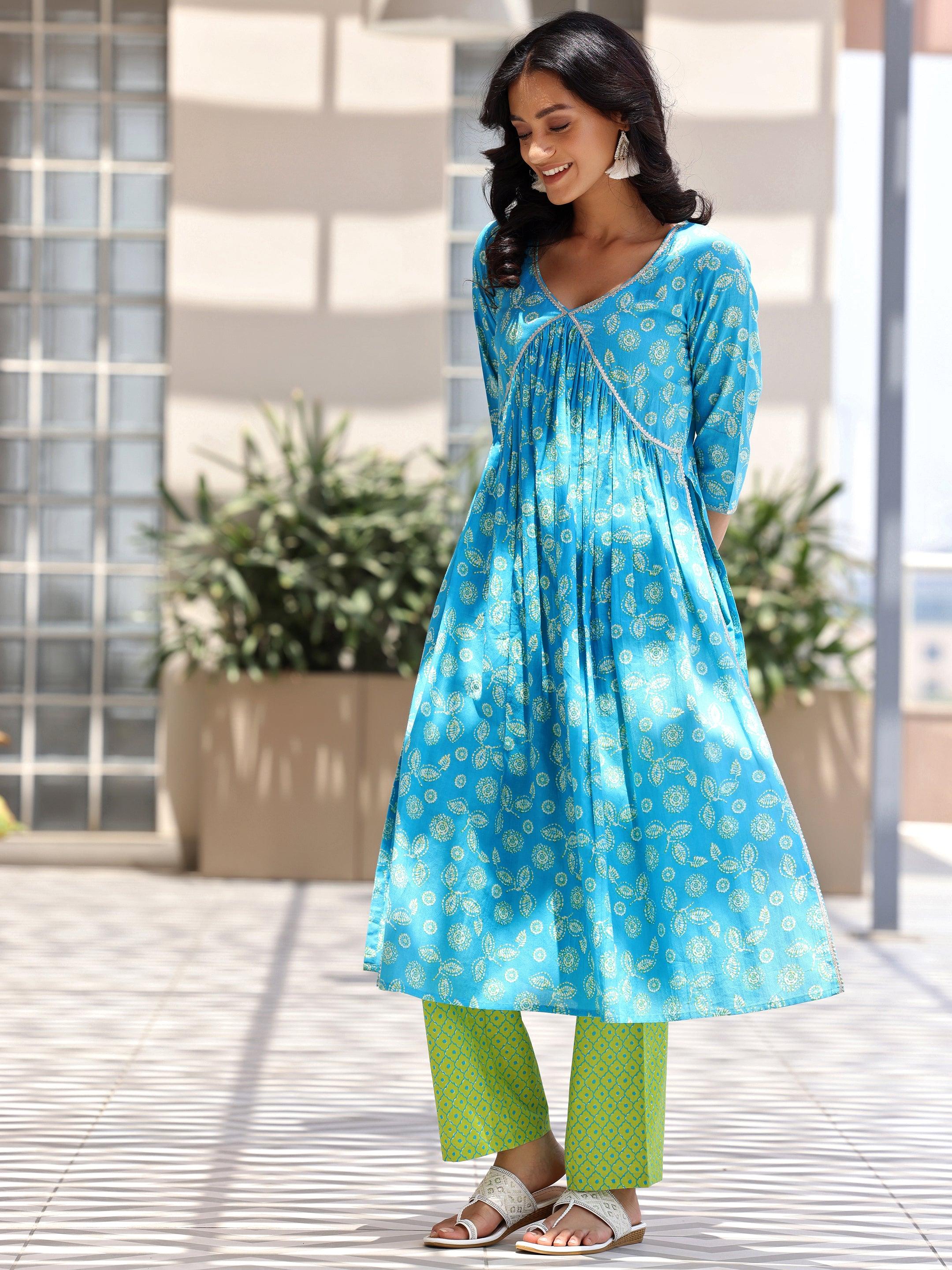 Blue Printed Cotton A-Line Kurta With Palazzos & Dupatta