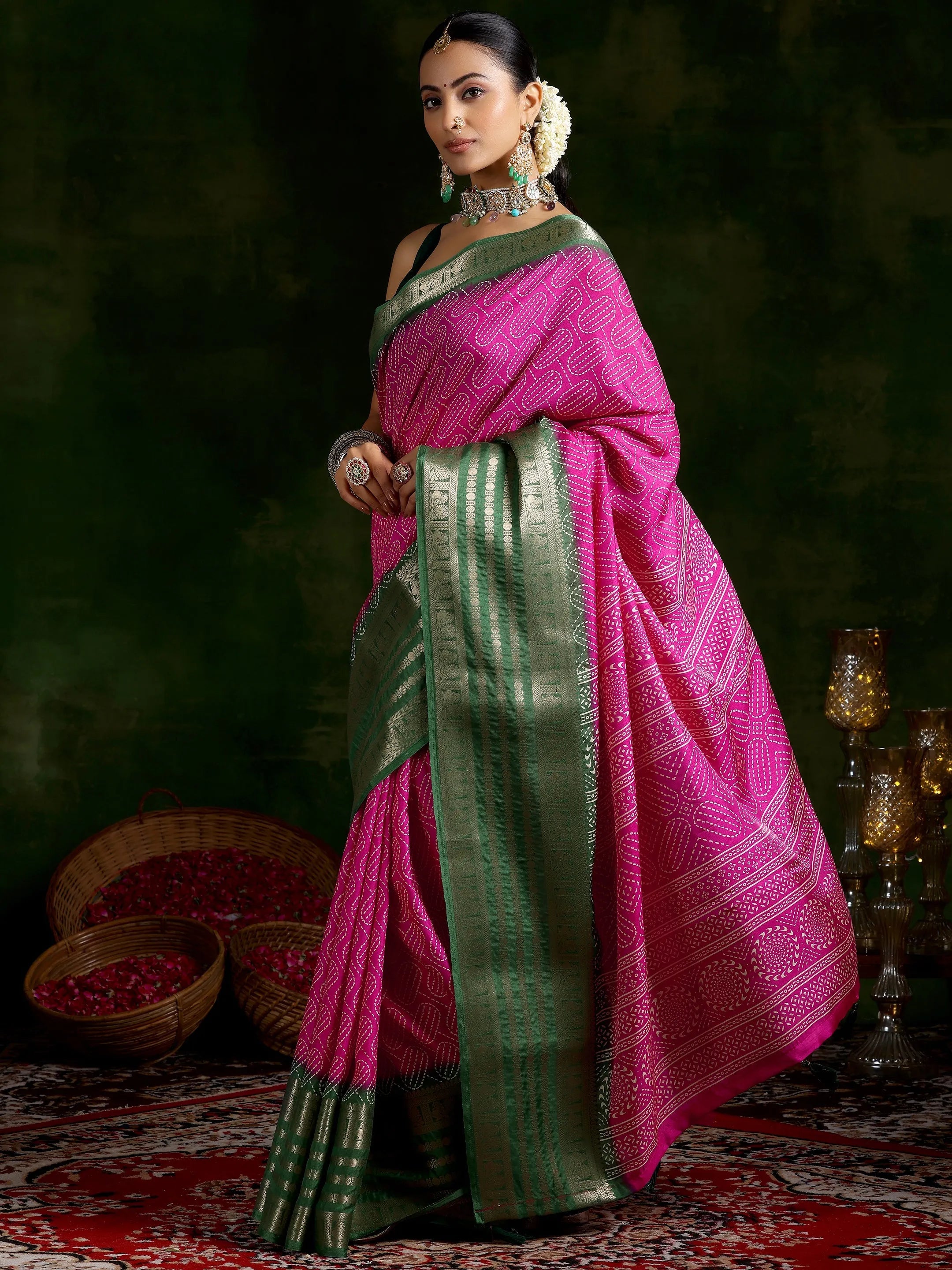 Pink Printed Silk Blend Saree With Unstitched Blouse Piece