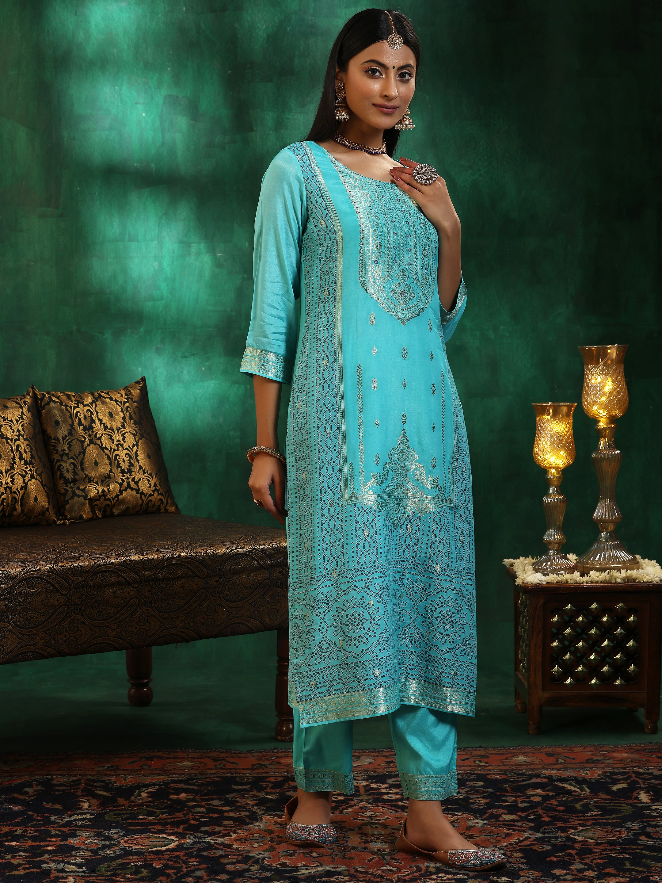 Turquoise Blue Woven Design Silk Blend Straight Suit With Dupatta