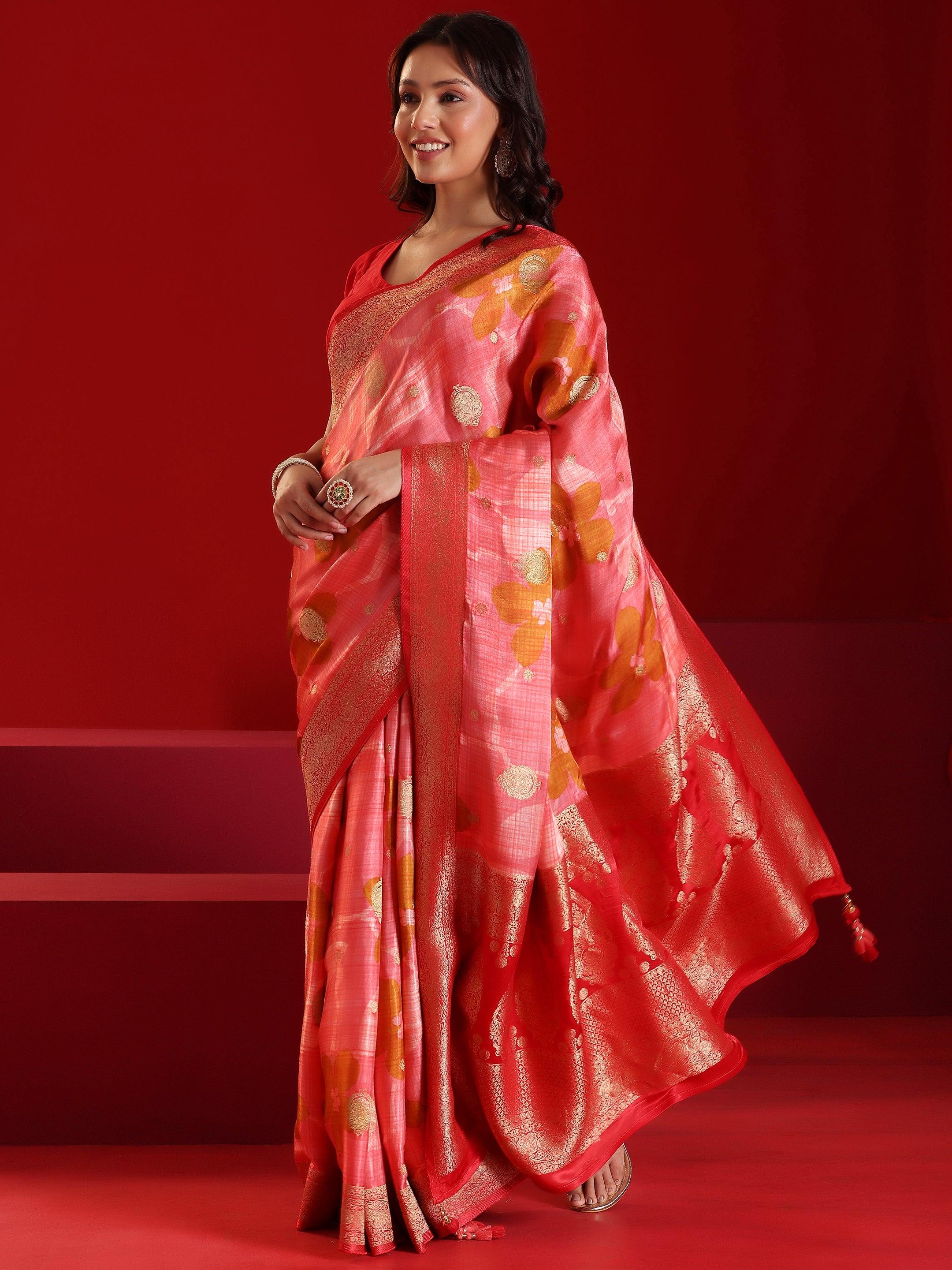 Libas Art Peach Printed Satin Saree With Unstitched  Blouse Piece