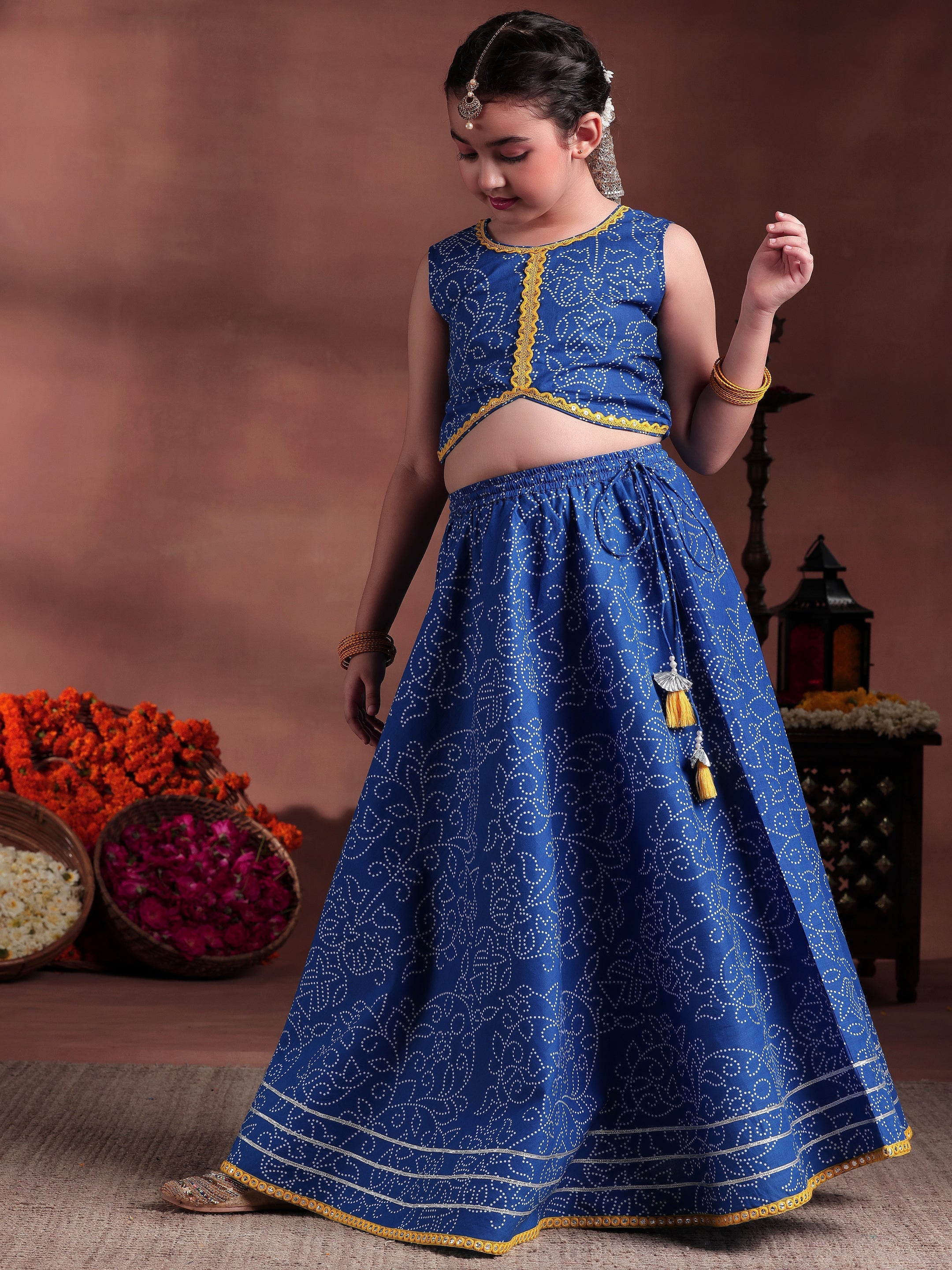 Kids Blue Printed Cotton Ready to Wear Lehenga Choli