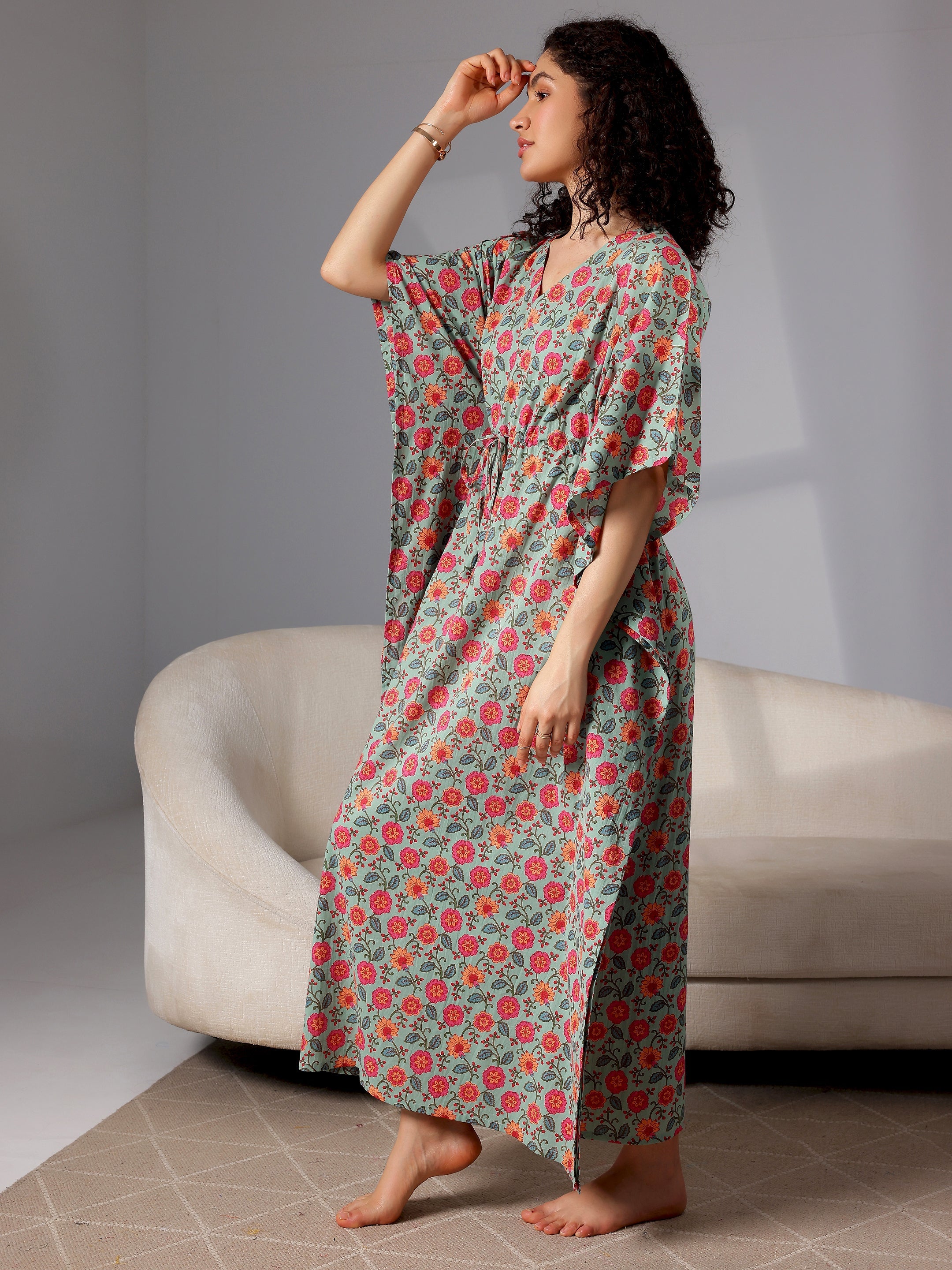 Green Printed Cotton Kaftan Night Dress