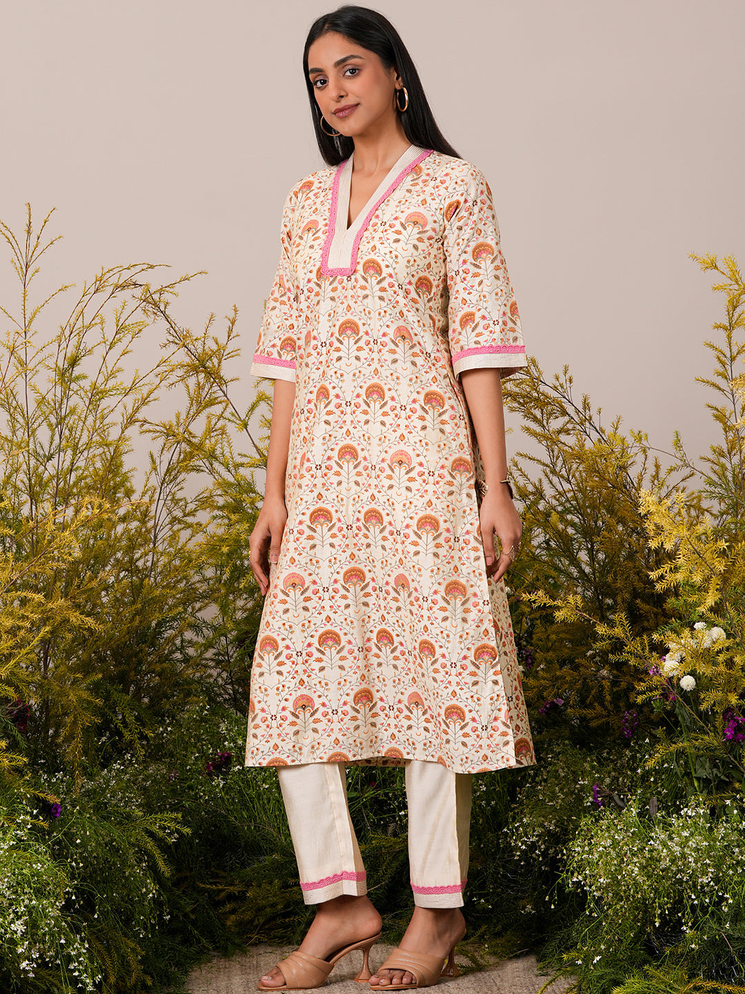 Beige Printed Chanderi Silk A-Line Kurta With Palazzos