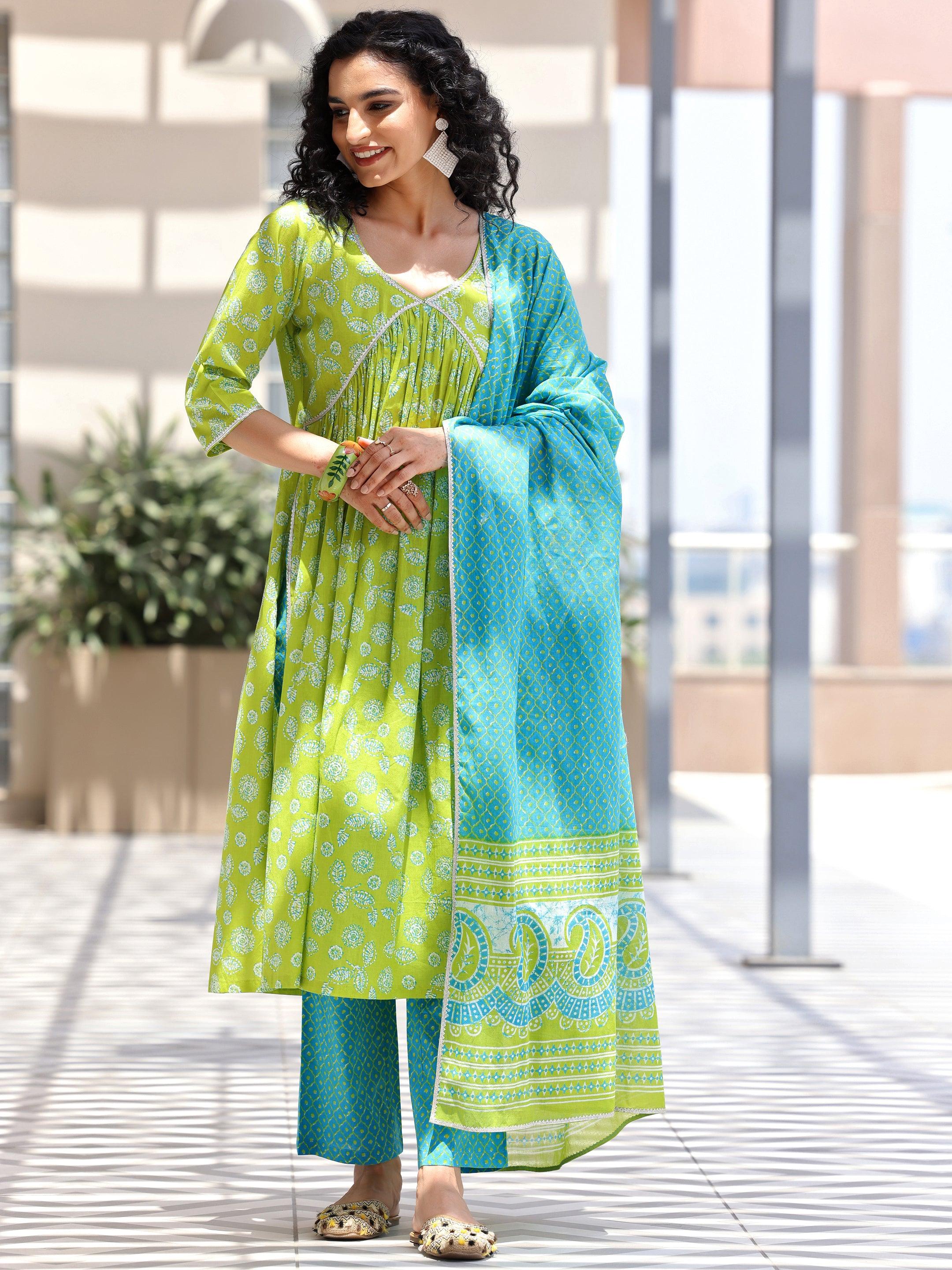 Green Printed Cotton A-Line Kurta With Palazzos & Dupatta