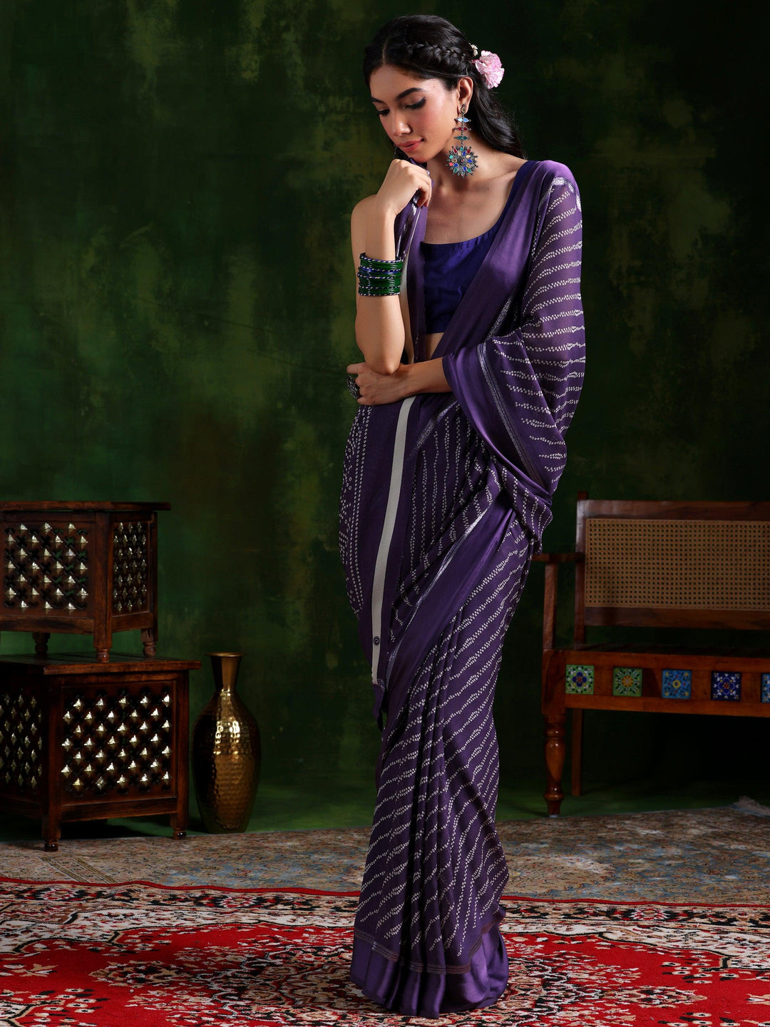 Purple Printed Satin Saree With Unstitched Blouse Piece - Libas