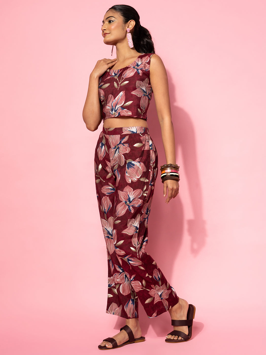 Maroon Printed Silk Blend Co-Ords