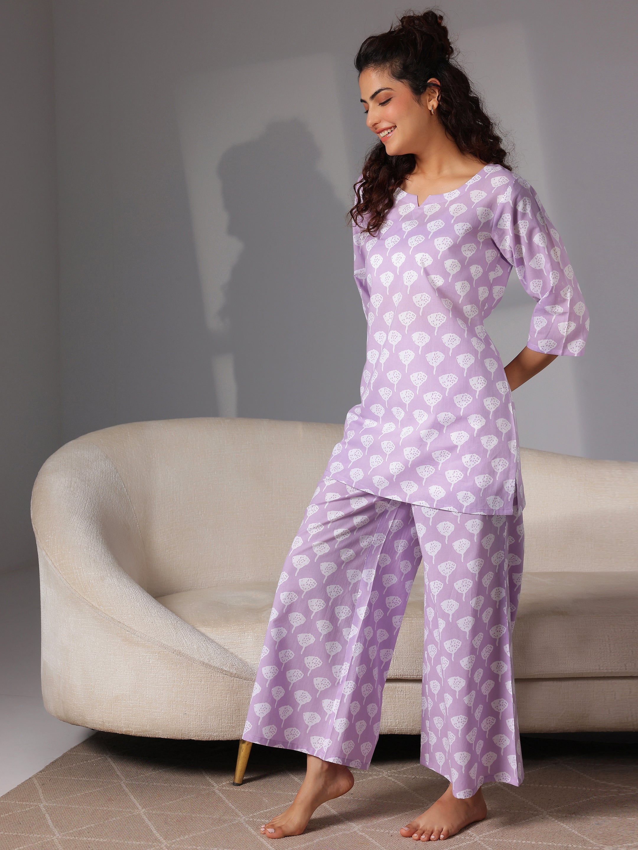 Lavender Printed Cotton Night Suits