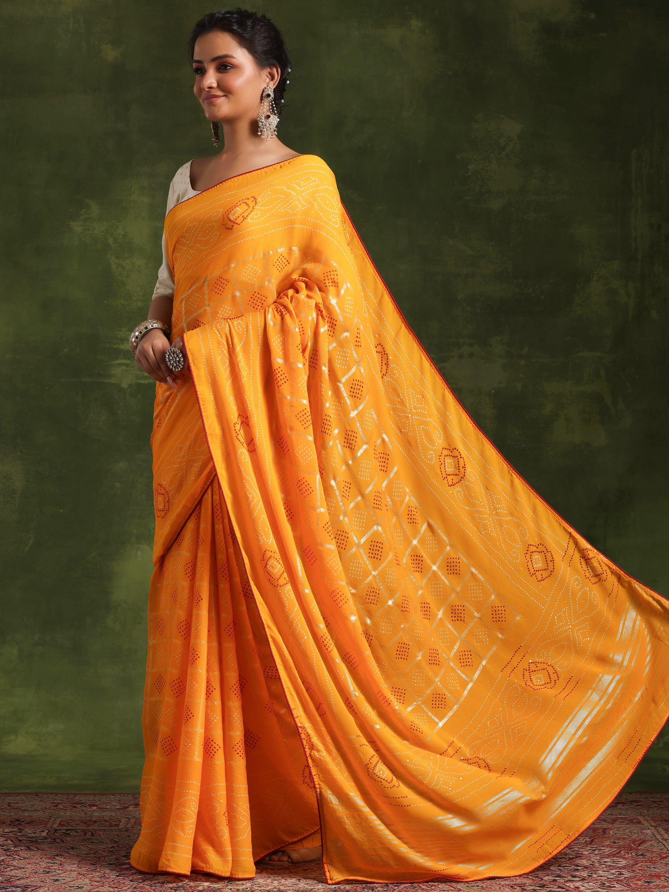 Mustard Printed Poly Georgette Saree With Unstitched Blouse Piece