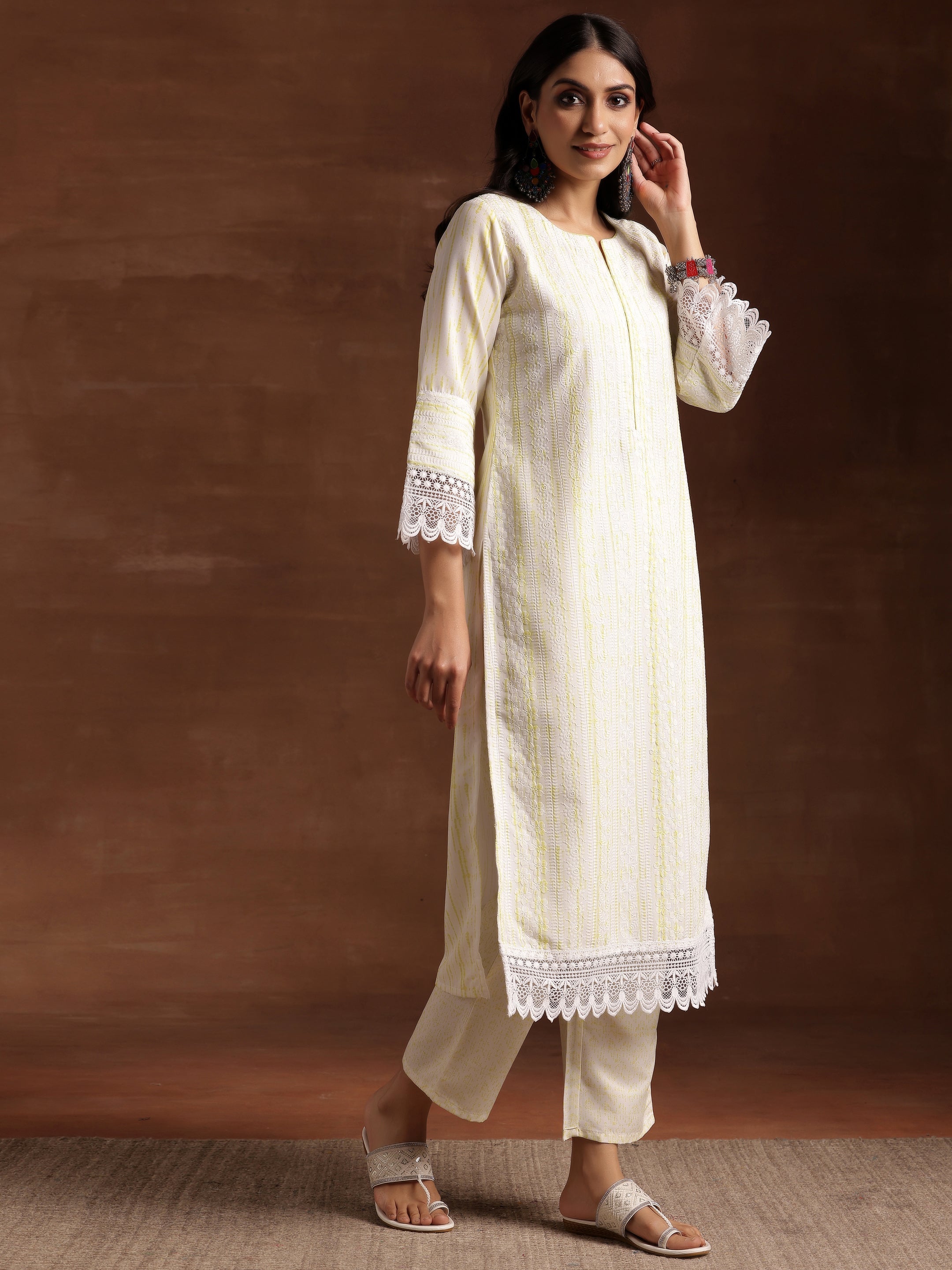 Off White Embroidered Cotton Blend Straight Suit With Dupatta