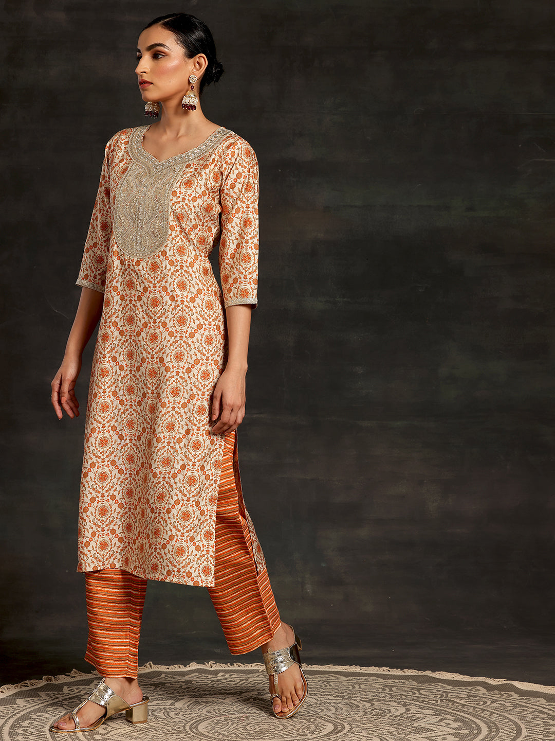 Beige Printed Silk Blend Straight Suit With Dupatta