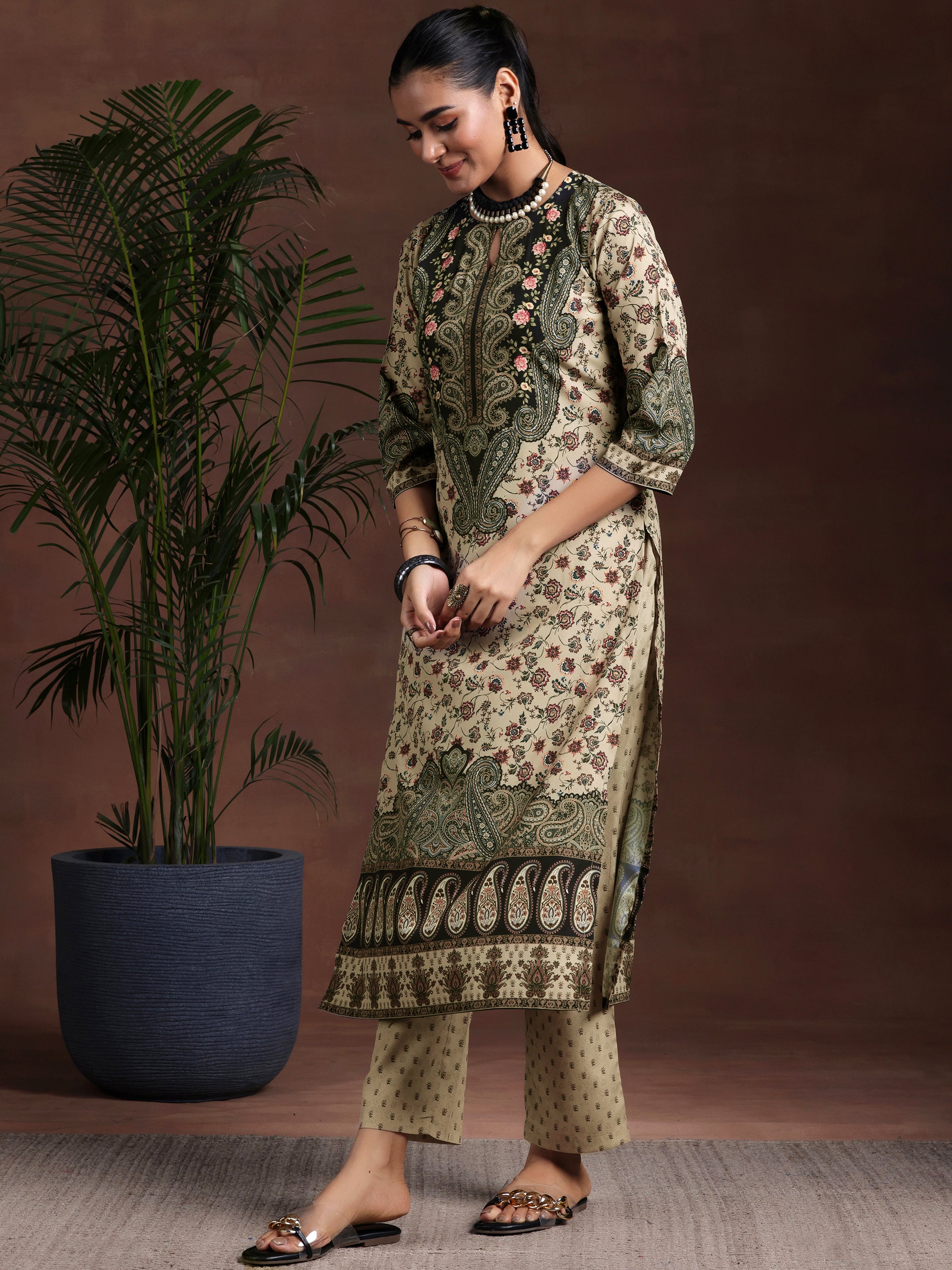 Beige Printed Poly Crepe Straight Suit With Dupatta