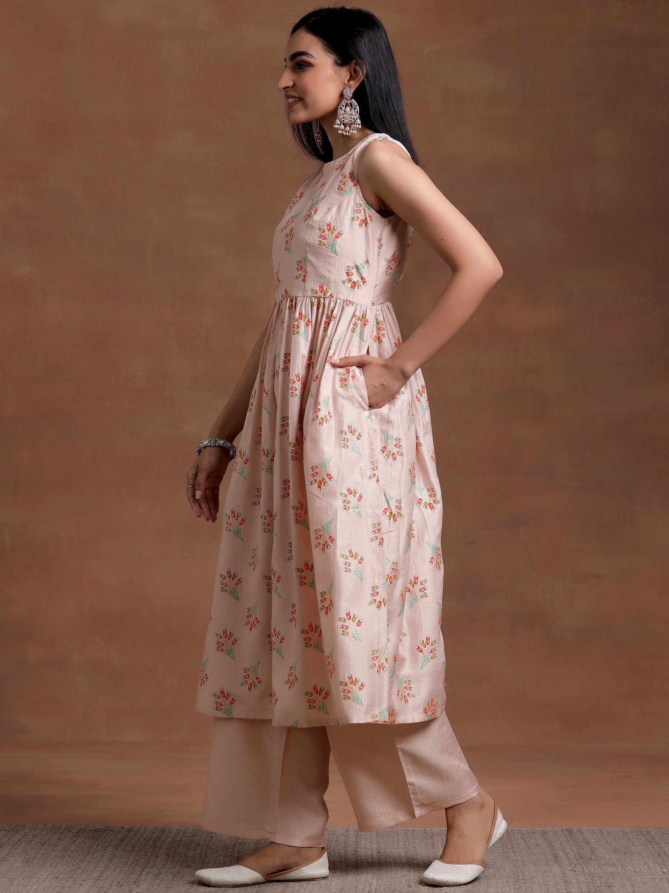 Powder Pink Printed Silk Blend A-Line Kurta With Palazzos & Dupatta