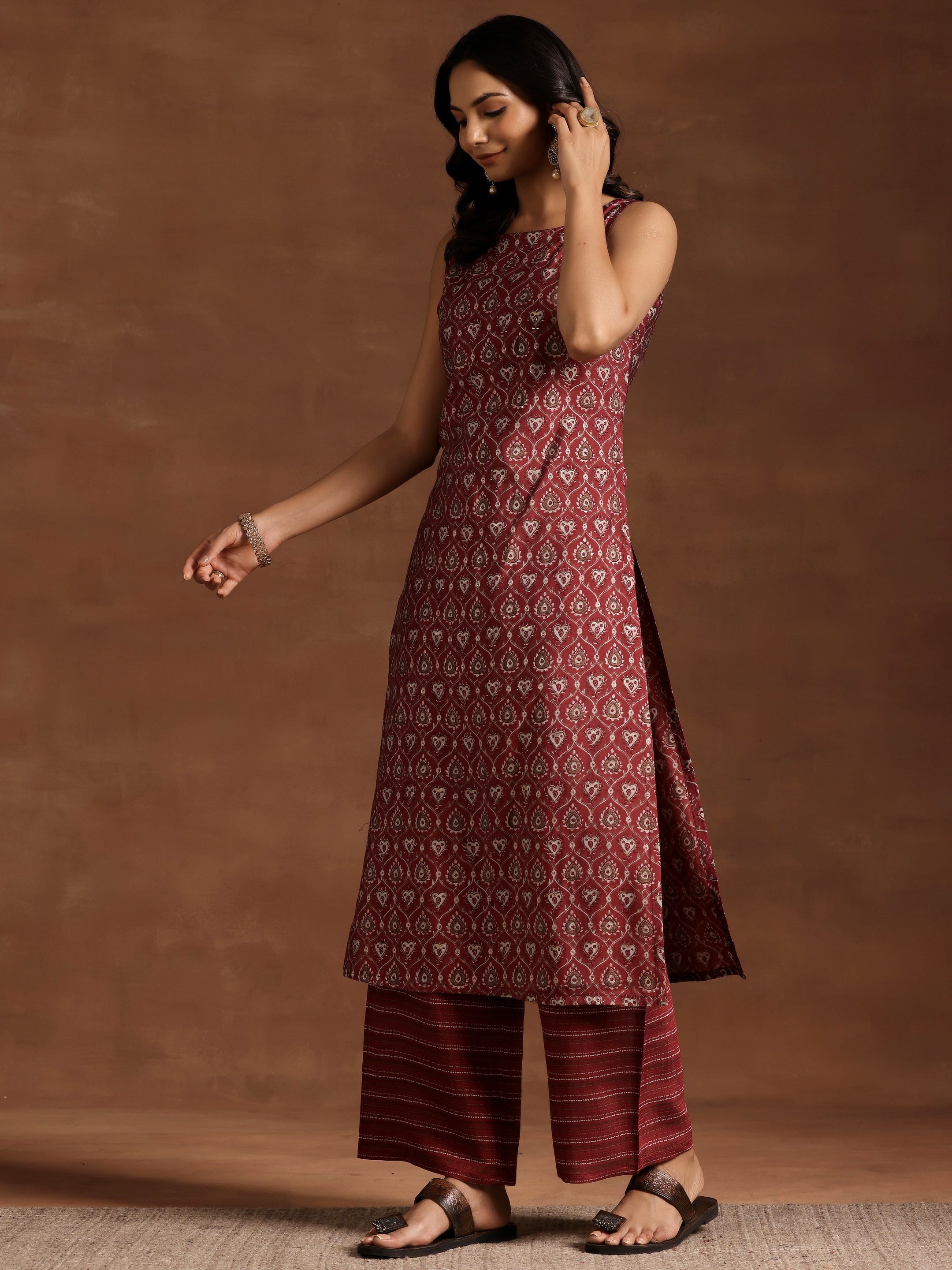 Wine Printed Silk Blend Straight Kurta Set