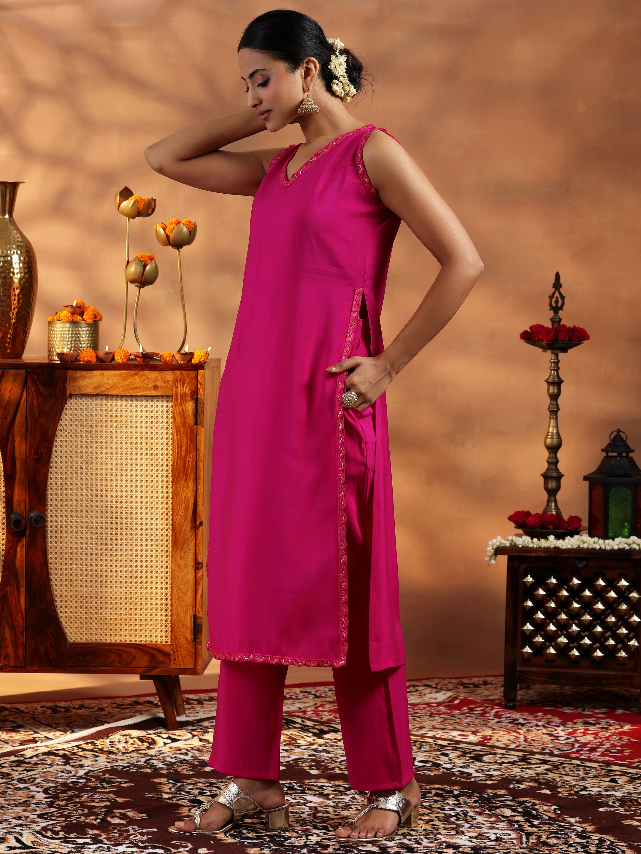 Pink Solid Silk Blend Straight Suit With Dupatta