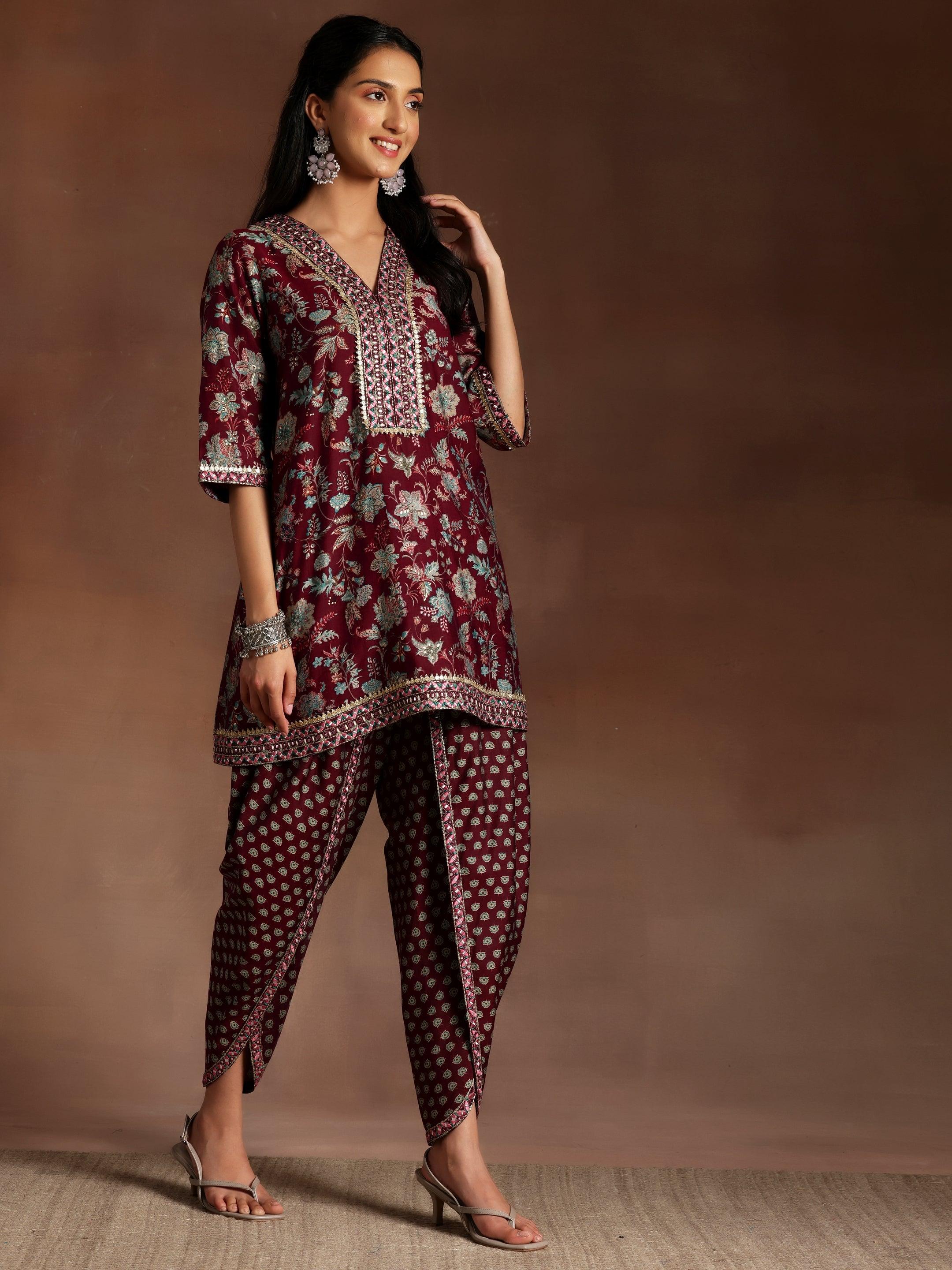 Burgundy Printed Silk Blend Straight Suit With Dupatta