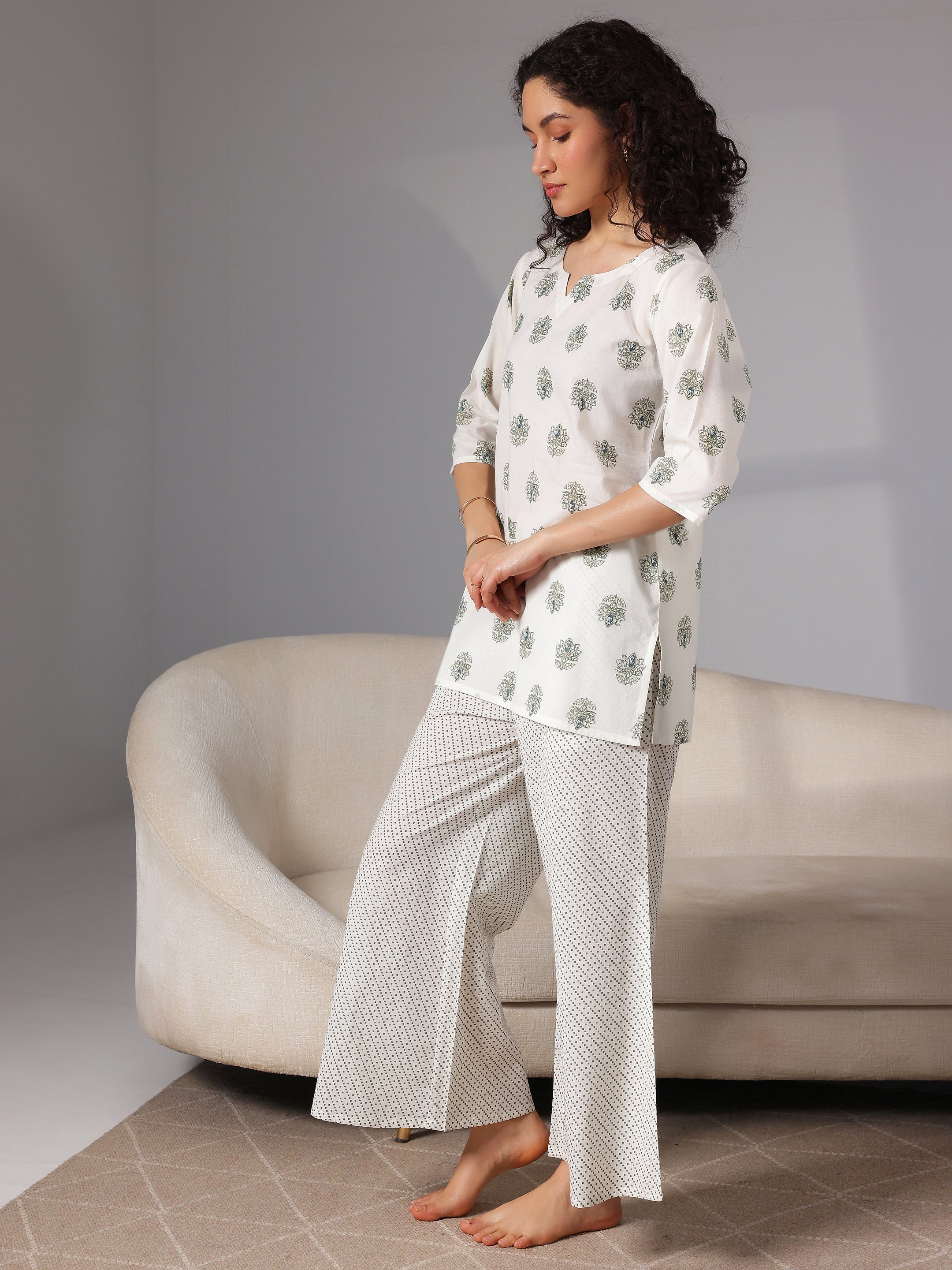 Cream Printed Cotton Night Suits