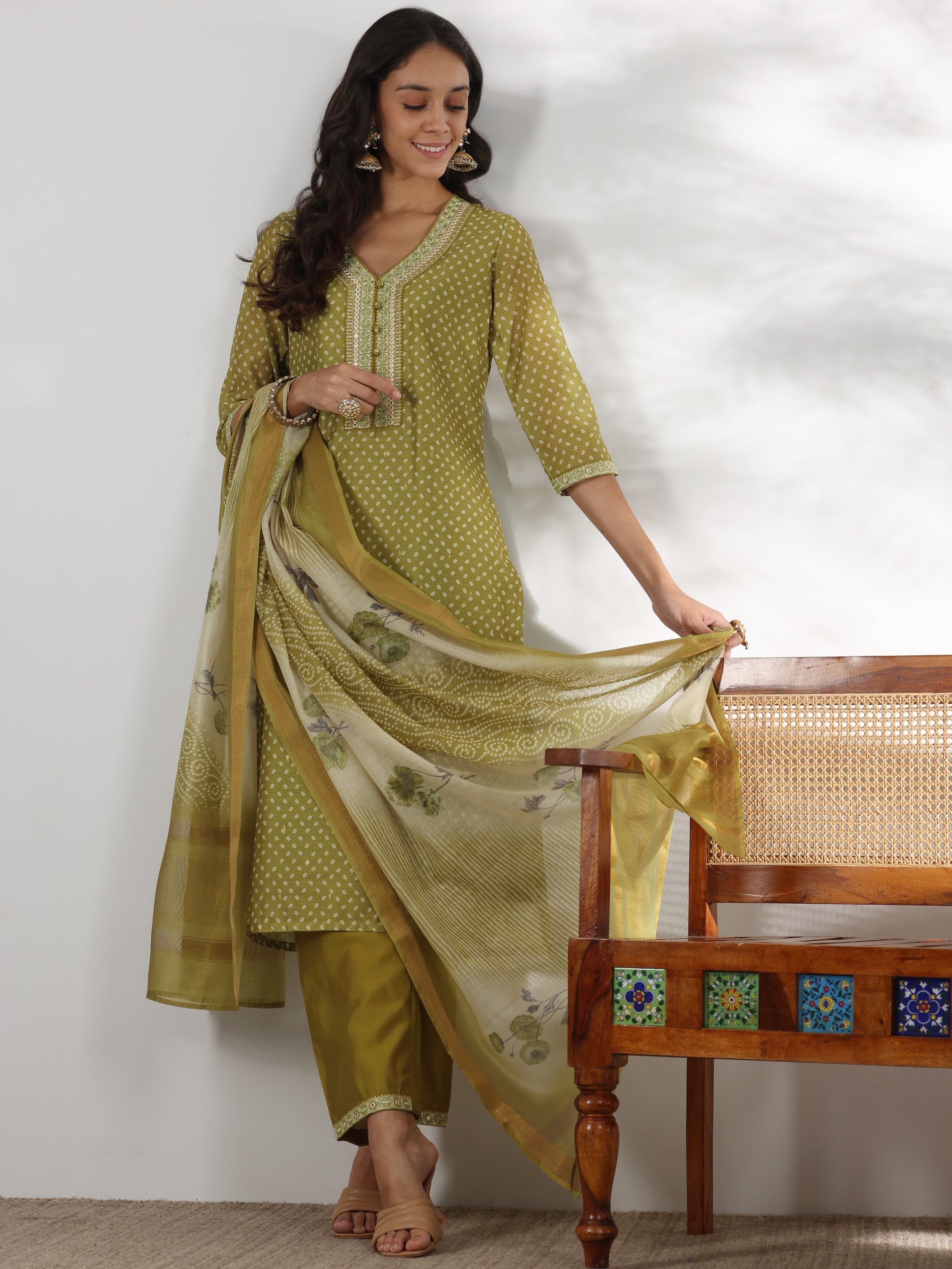 Green Printed Silk Blend Straight Suit With Dupatta