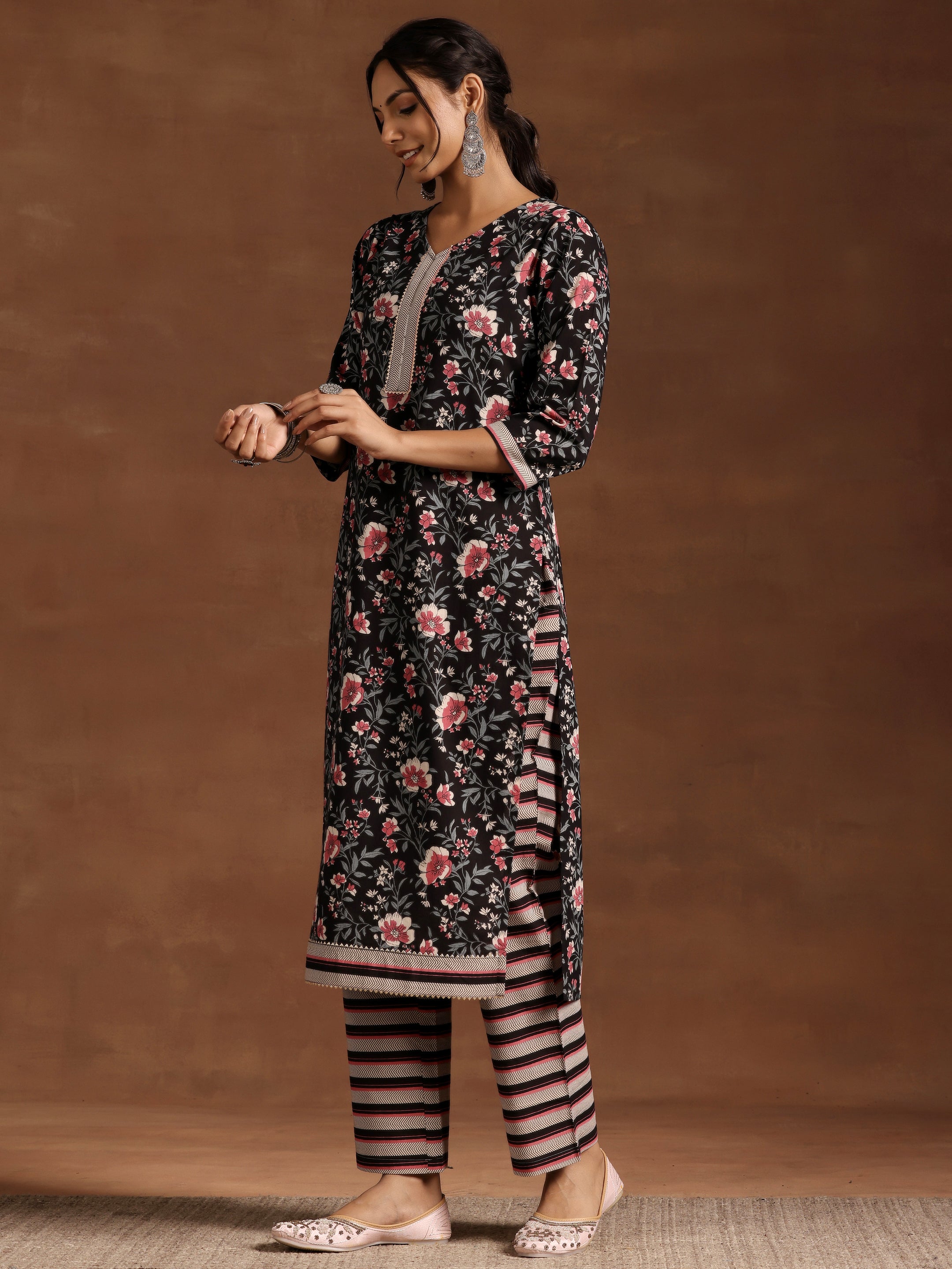 Black Printed Cotton Straight Kurta Set