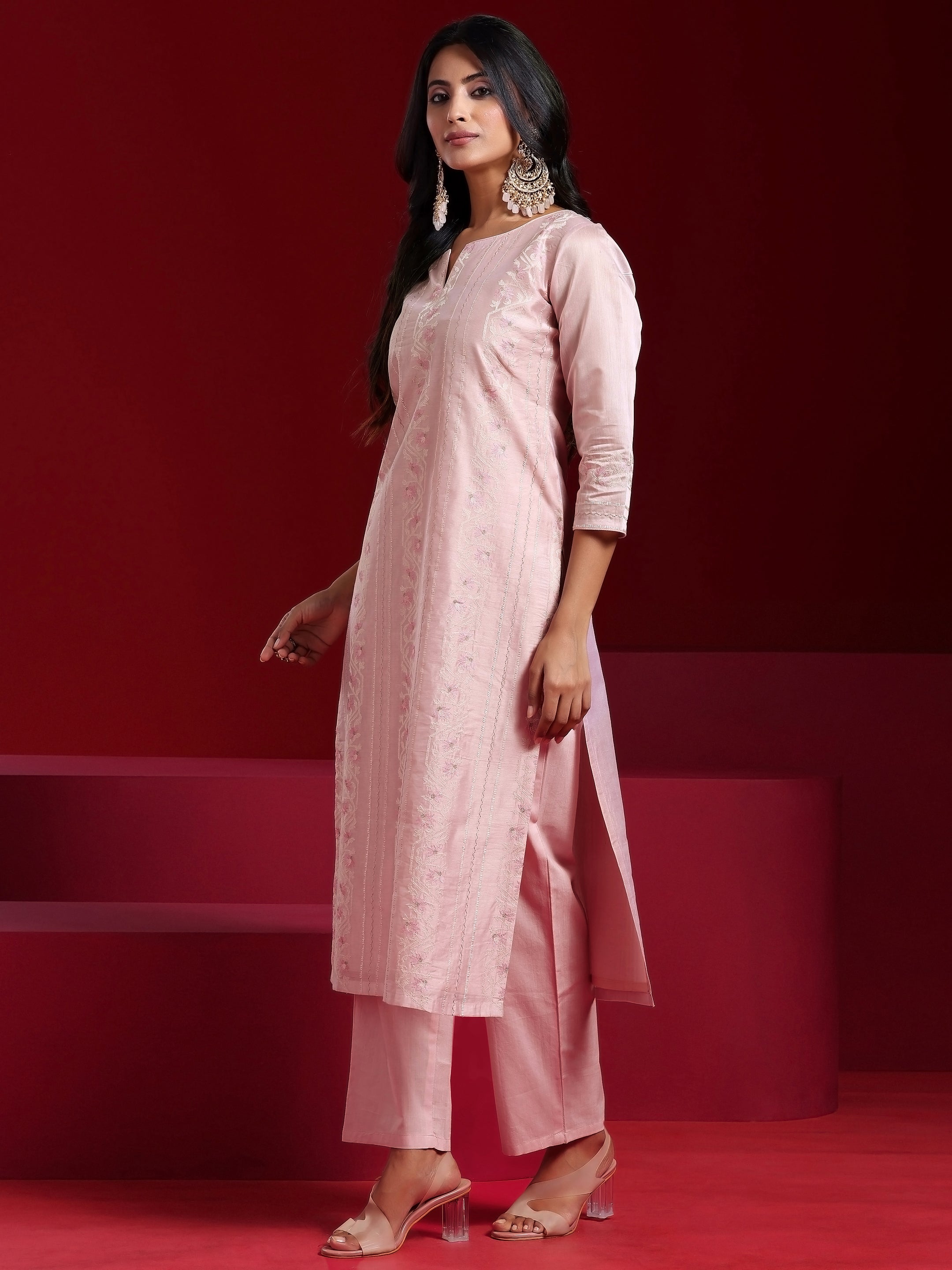 Libas Art Pink Embroidered Chanderi Silk Straight Suit With Dupatta