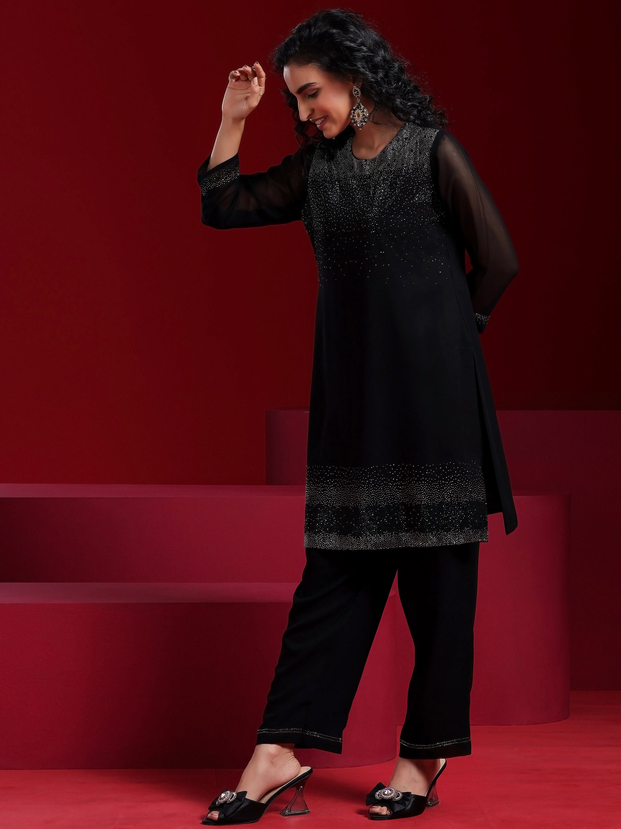 Libas Art Black Solid Georgette Straight Suit With Dupatta