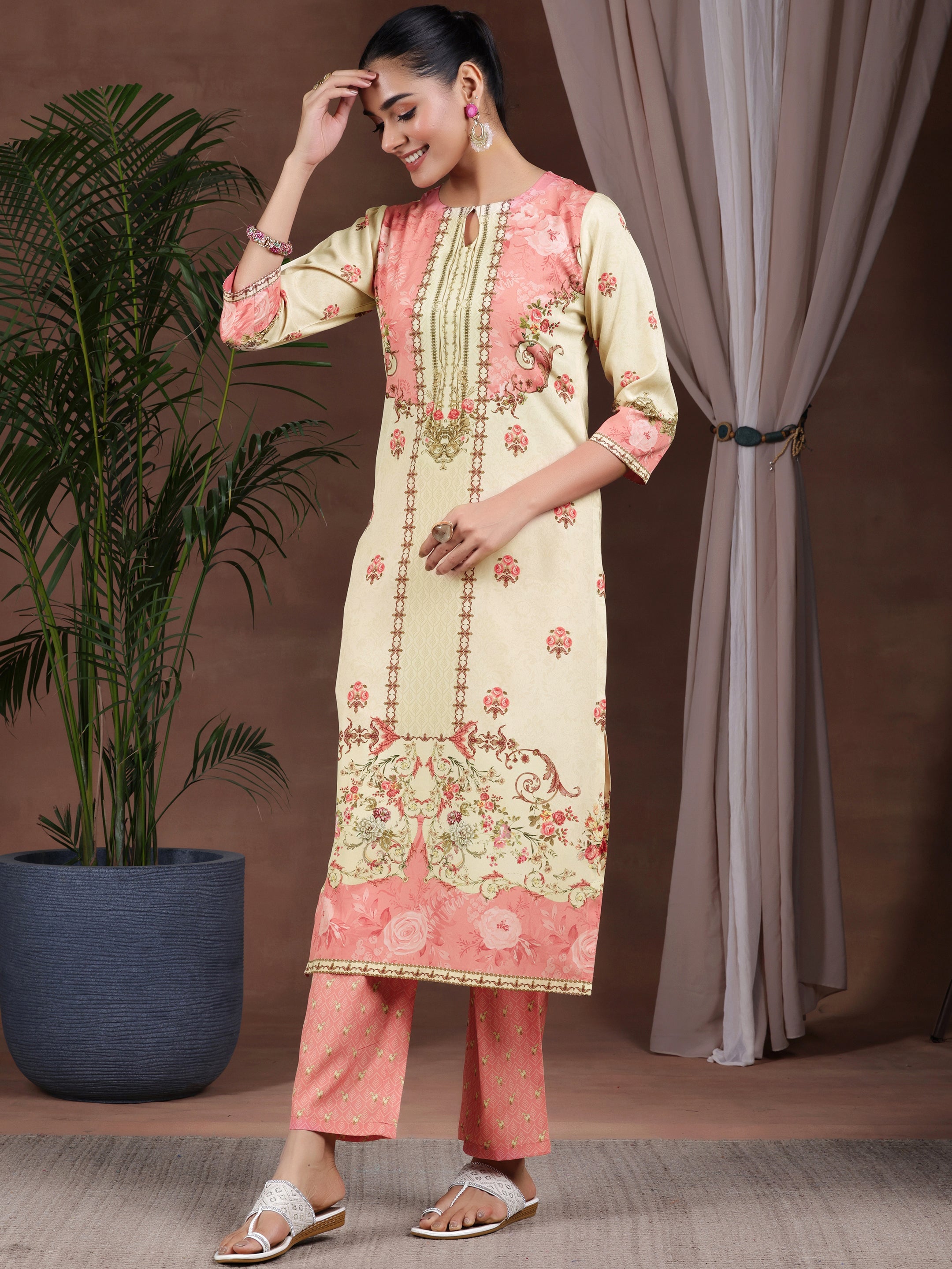 Beige Printed Poly Crepe Straight Suit With Dupatta