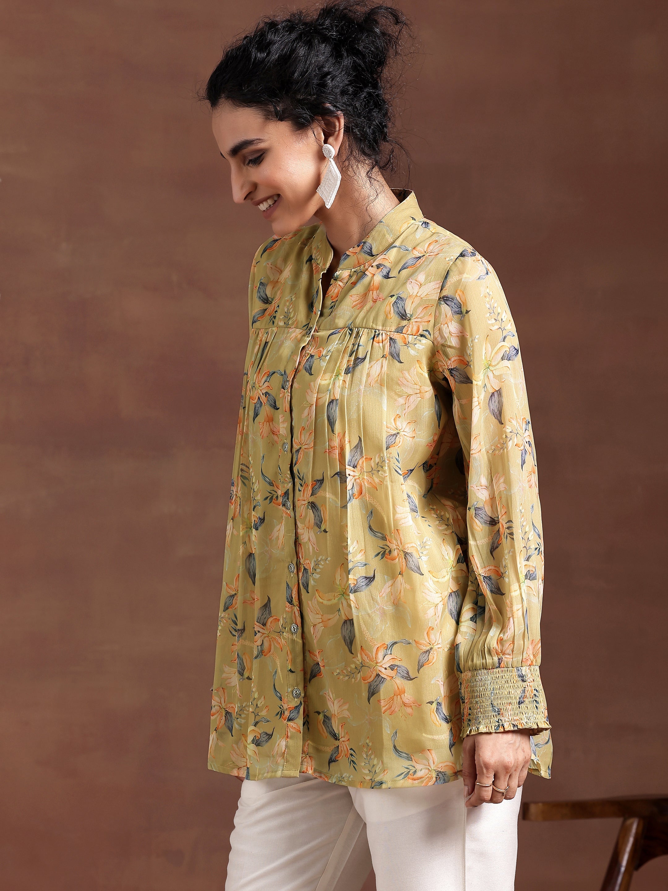 Mustard Printed Chiffon A-Line Kurti