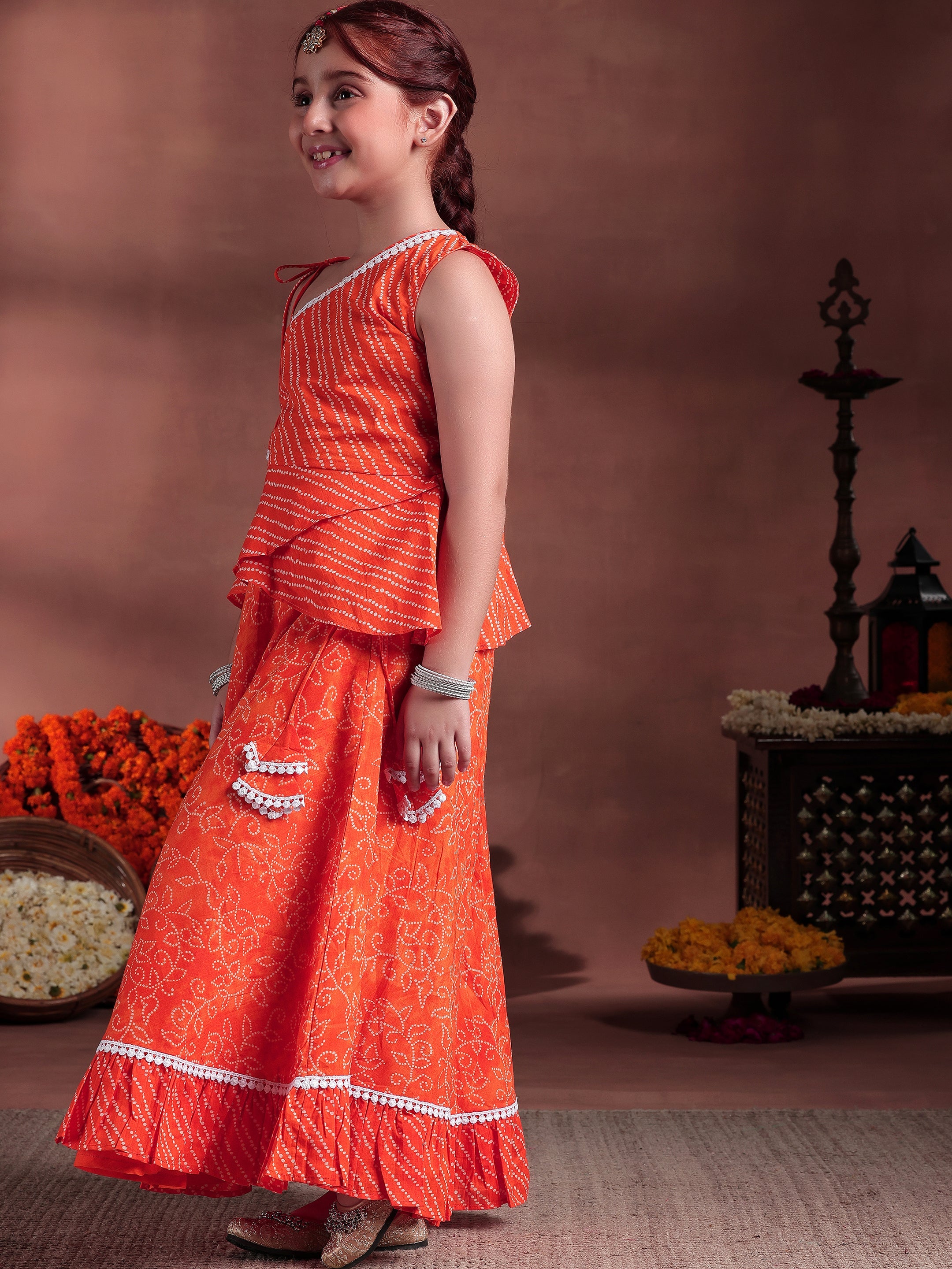 Orange Printed Cotton Lehenga Choli