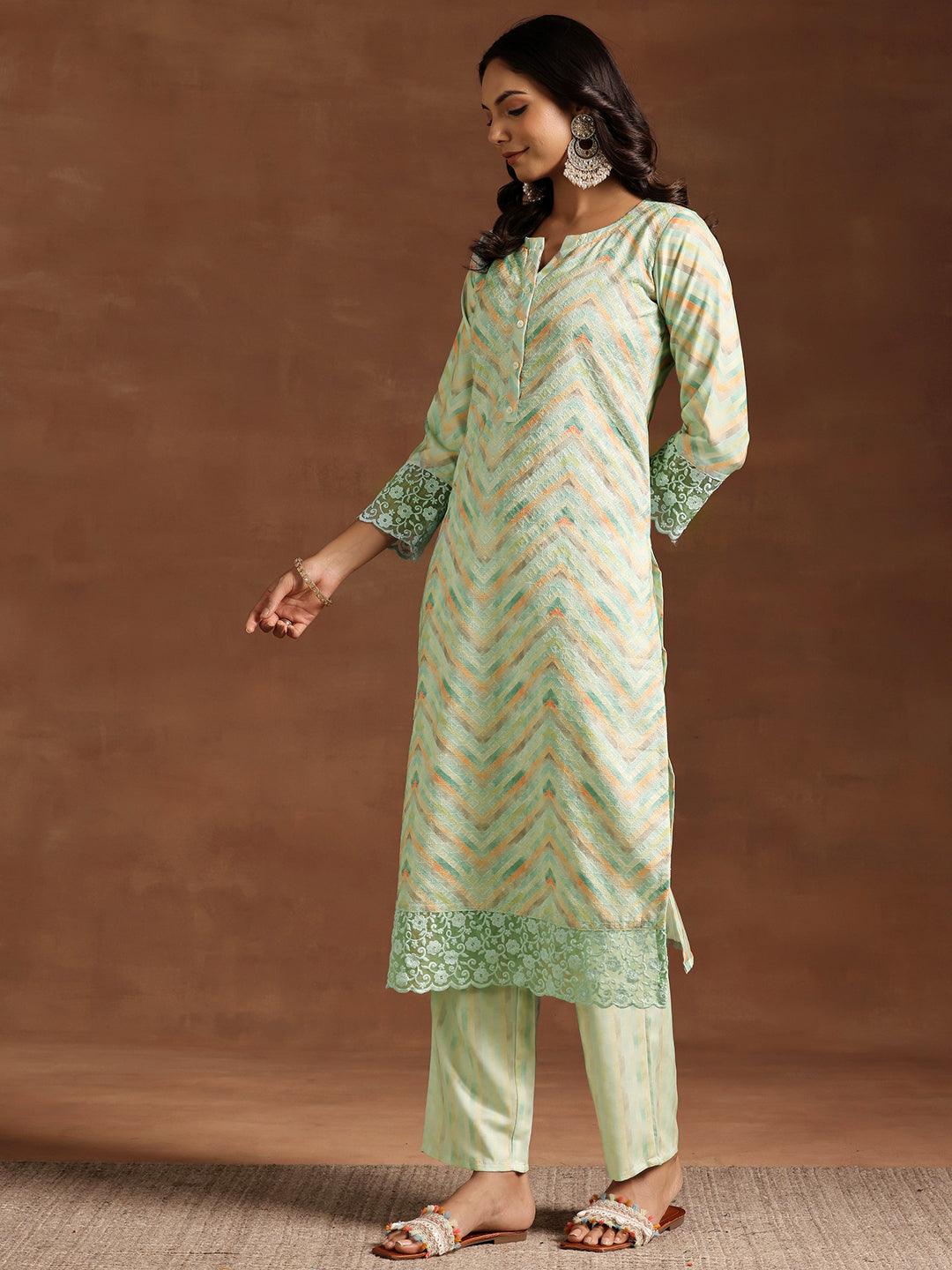 Green Embroidered Cotton Blend Straight Suit With Dupatta