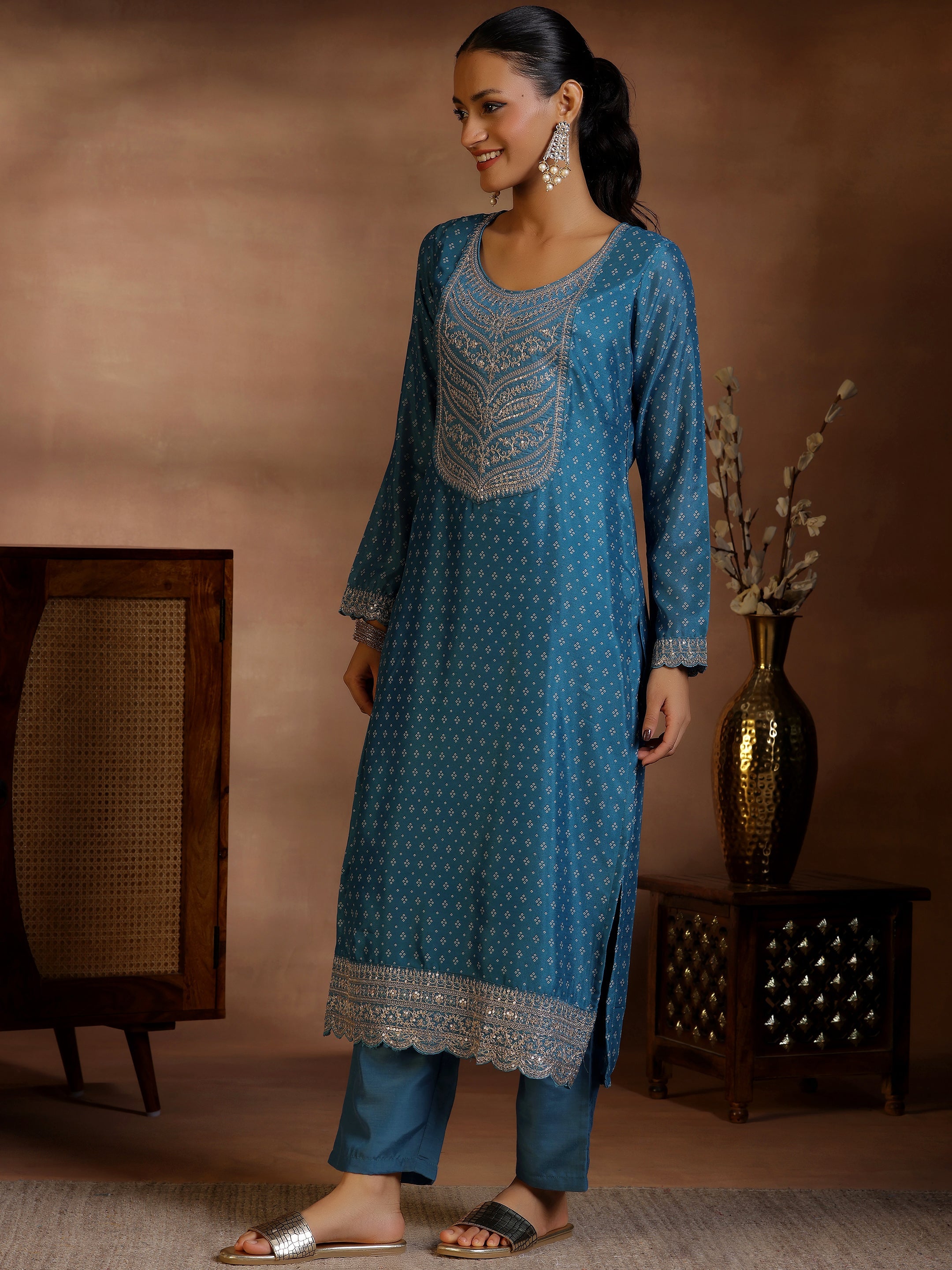 Blue Printed Silk Blend Straight Suit With Dupatta