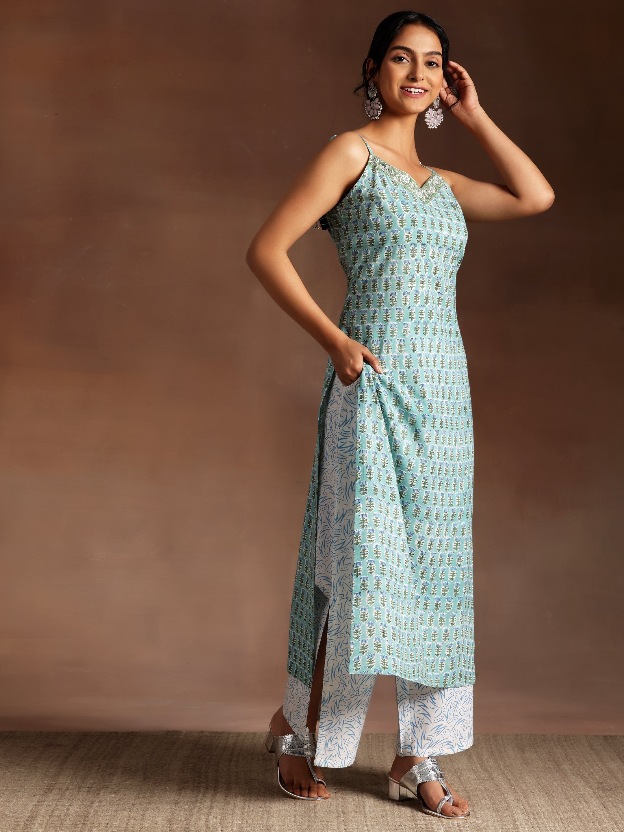 Green Printed Cotton Straight Suit With Dupatta