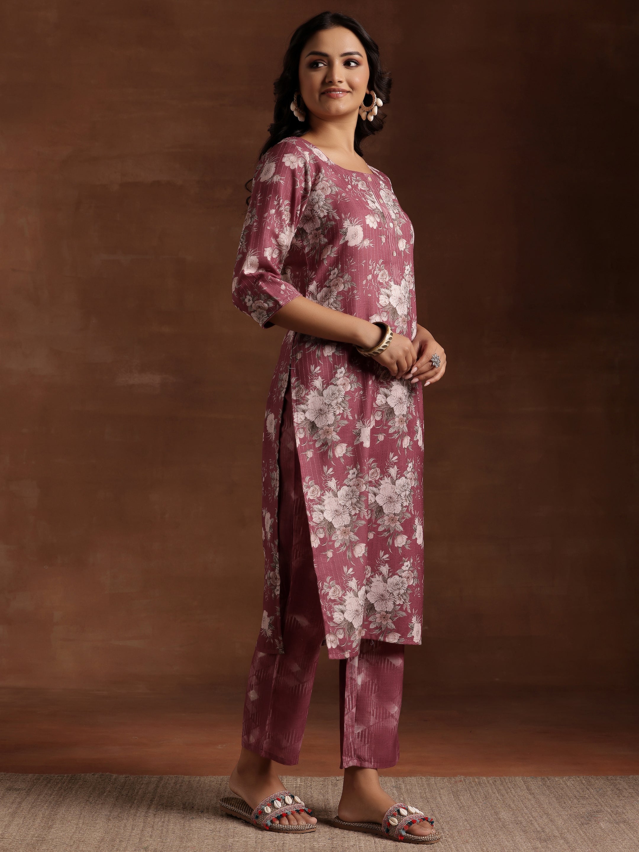 Mauve Printed Cotton Straight Suit With Dupatta