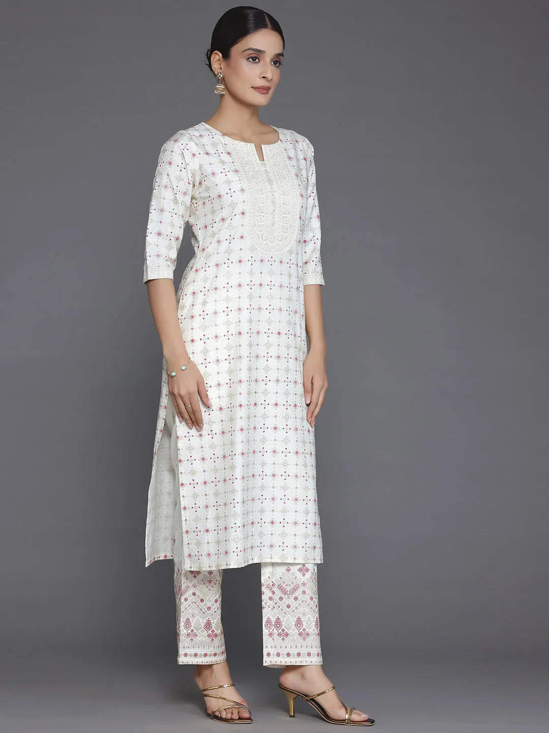 Off White Printed Silk Blend Straight Suit With Dupatta