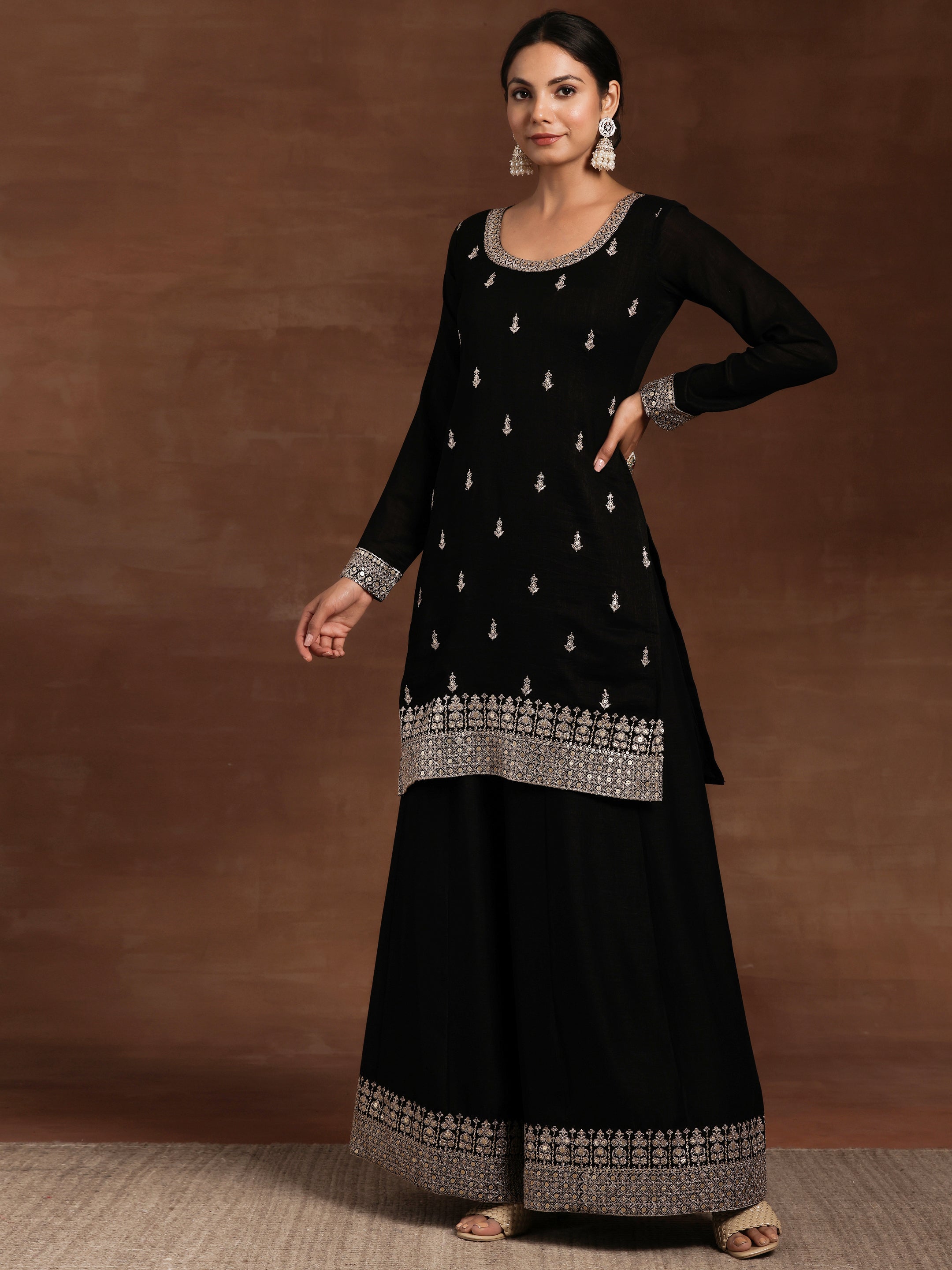 Black Embroidered Silk Blend Straight Suit With Dupatta