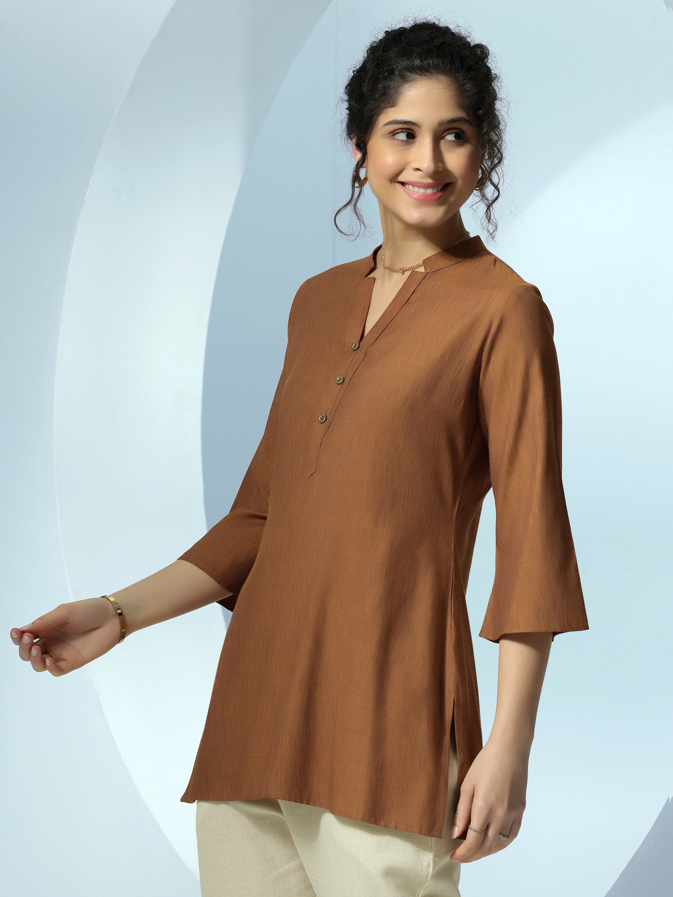 Brown Solid Cotton Blend Straight Kurti